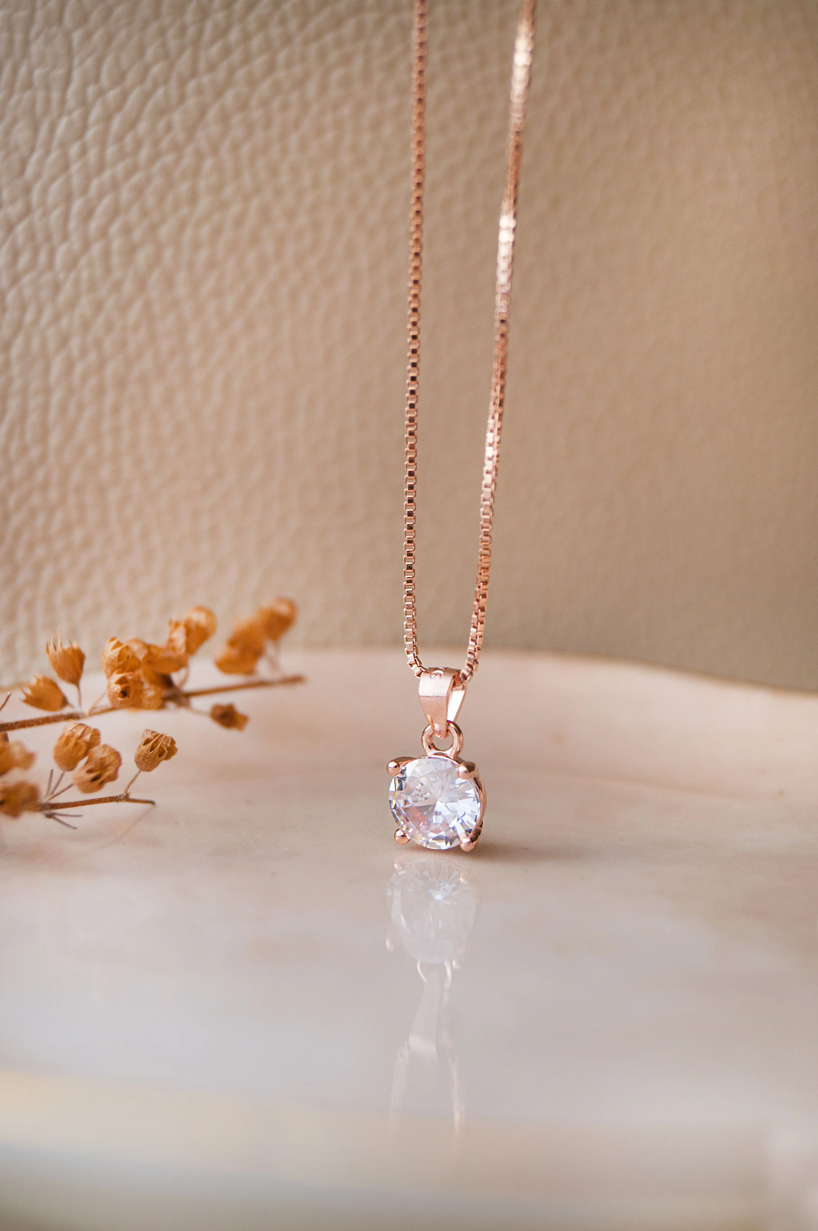 Classic Solitaire Rose Gold Plated Sterling Silver Pendant With Chain