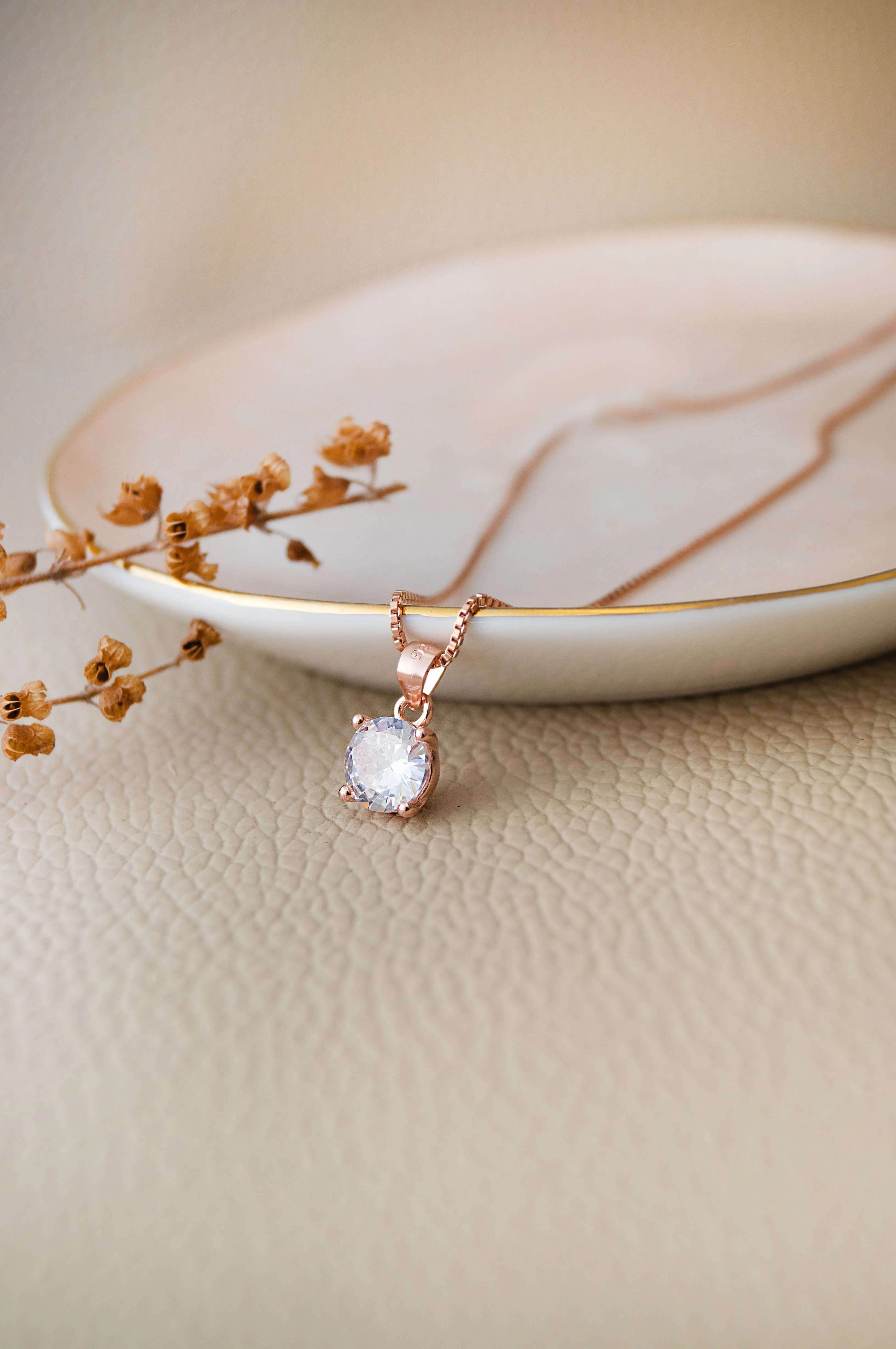 Classic Solitaire Rose Gold Plated Sterling Silver Pendant With Chain