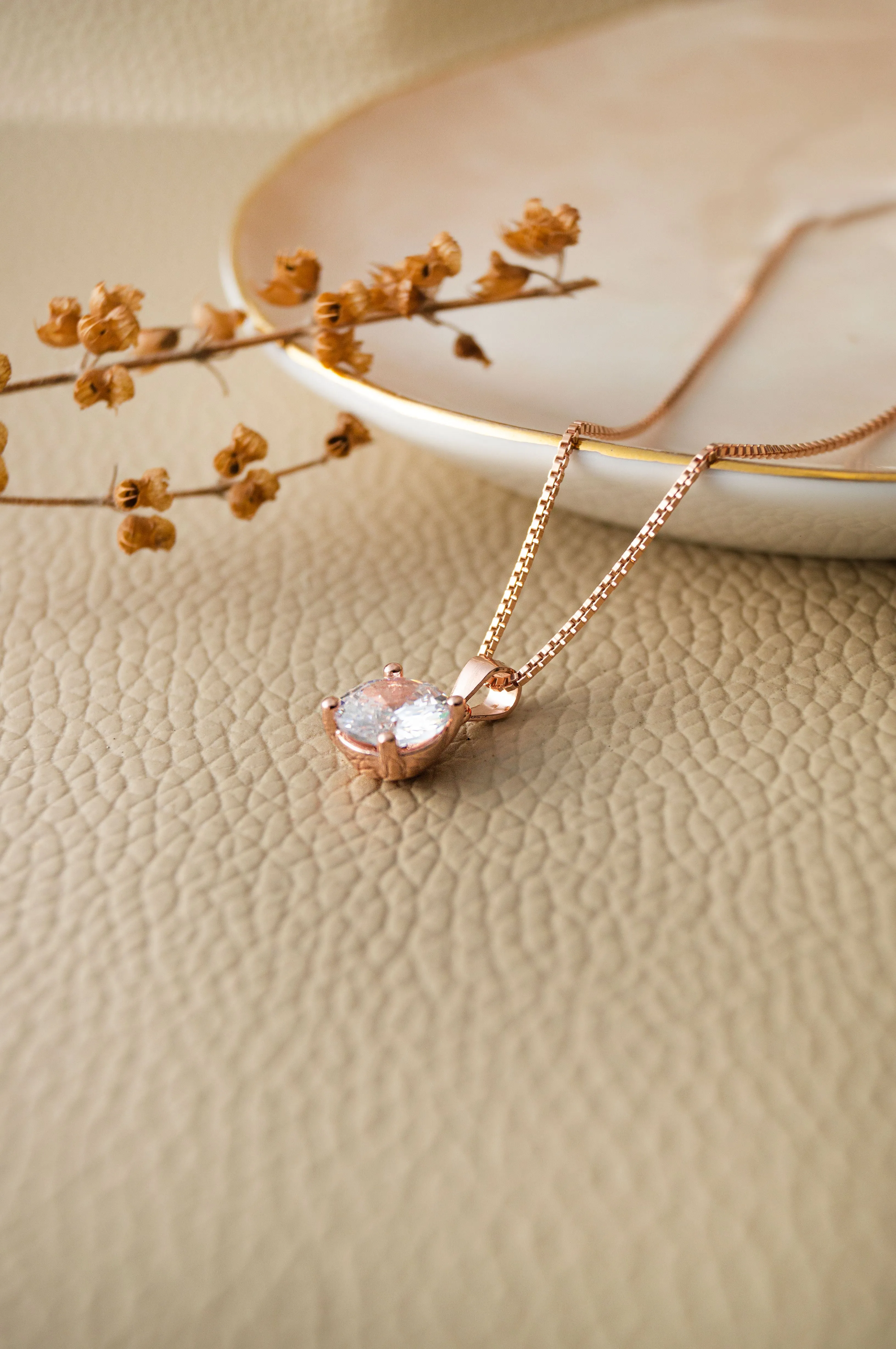 Classic Solitaire Rose Gold Plated Sterling Silver Pendant With Chain