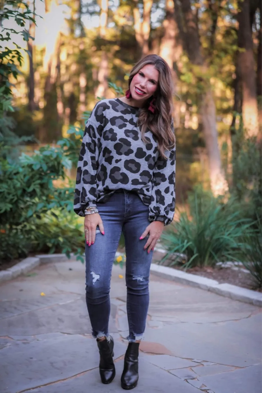 Collins Grey Leopard Balloon Sleeve Top