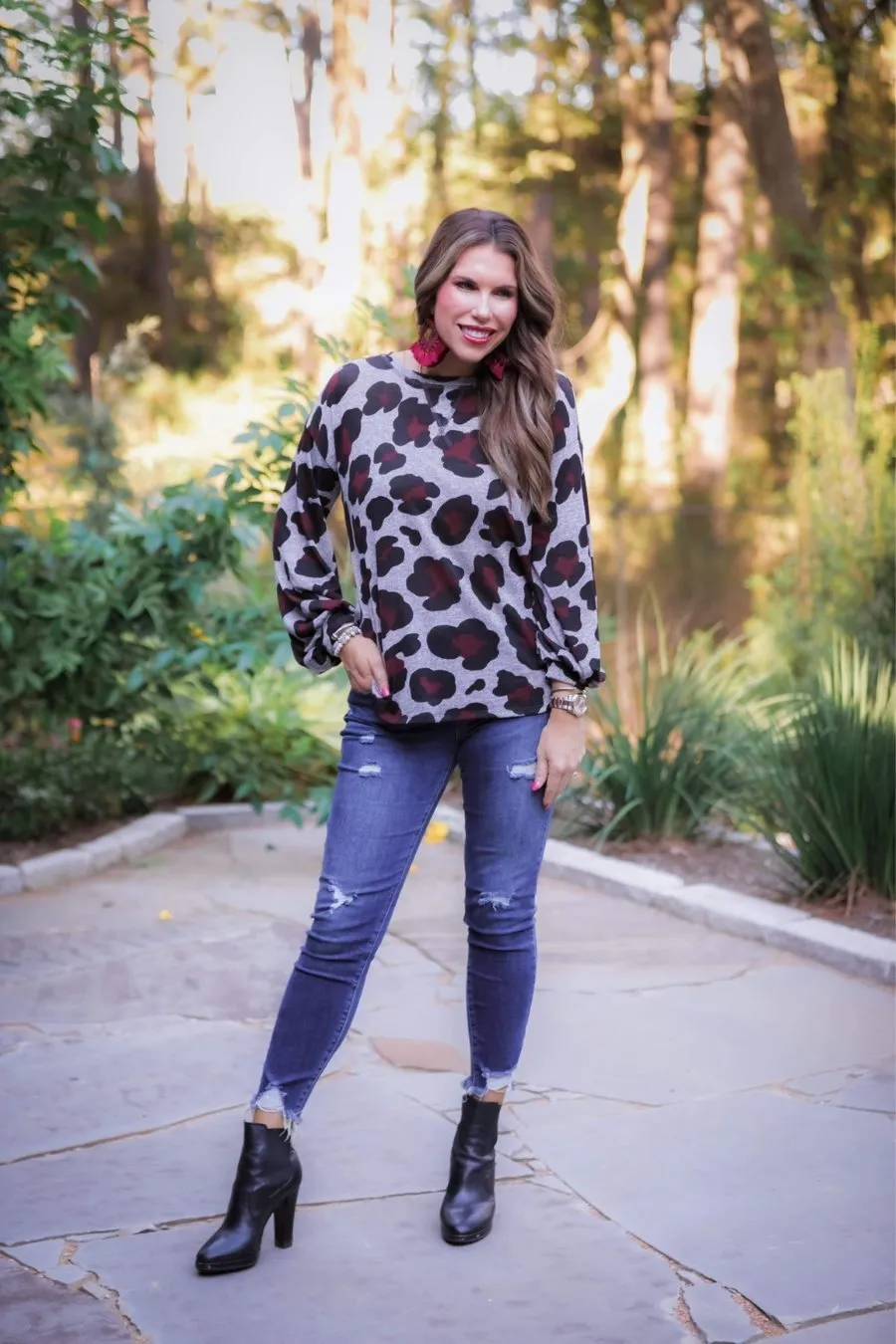 Collins Grey Leopard Balloon Sleeve Top