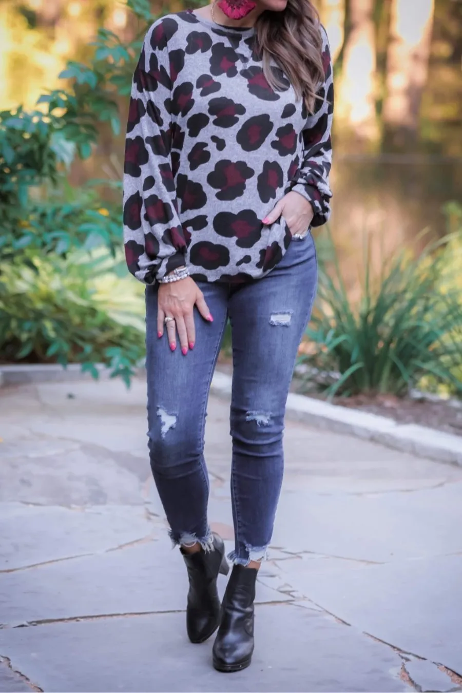 Collins Grey Leopard Balloon Sleeve Top