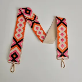 Crossbody Strap - Orange and Pink Bohemian Print (Gold Hardware)