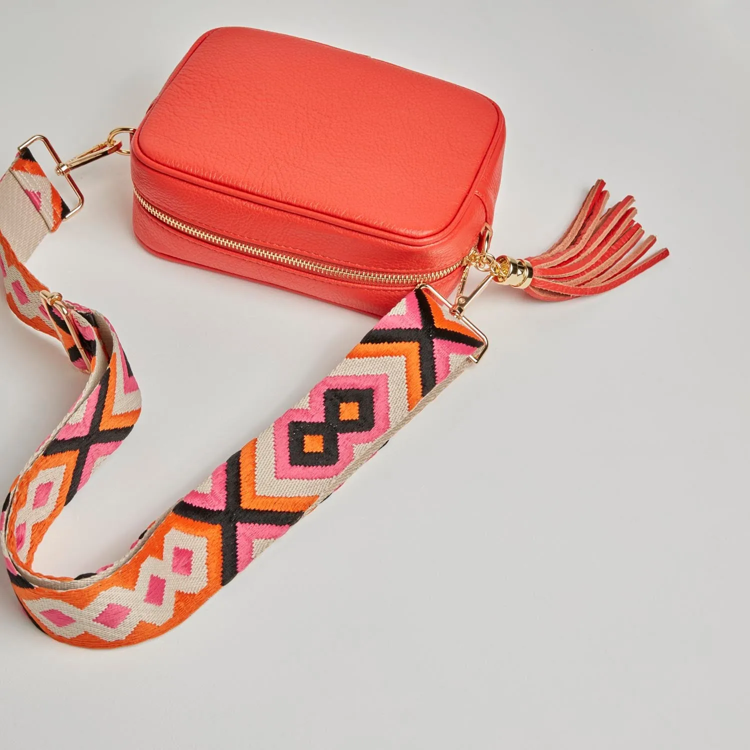 Crossbody Strap - Orange and Pink Bohemian Print (Gold Hardware)