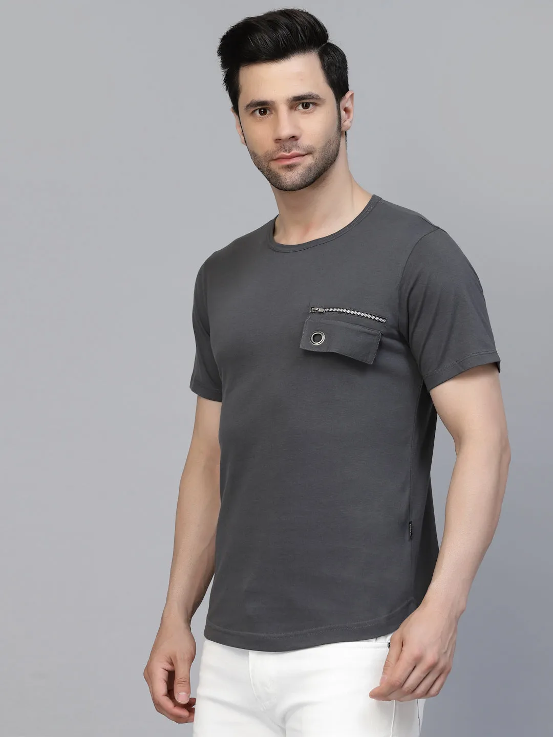 Dark Grey Solid Jersey Half Sleeves Round Neck T-shirt