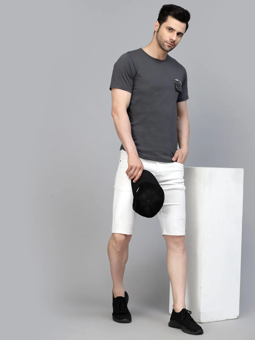 Dark Grey Solid Jersey Half Sleeves Round Neck T-shirt