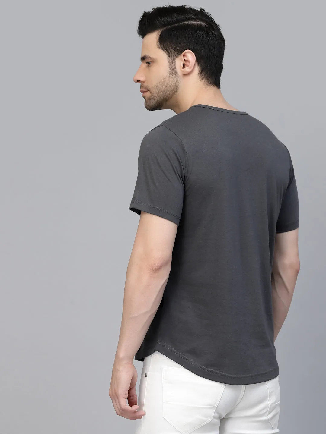 Dark Grey Solid Jersey Half Sleeves Round Neck T-shirt