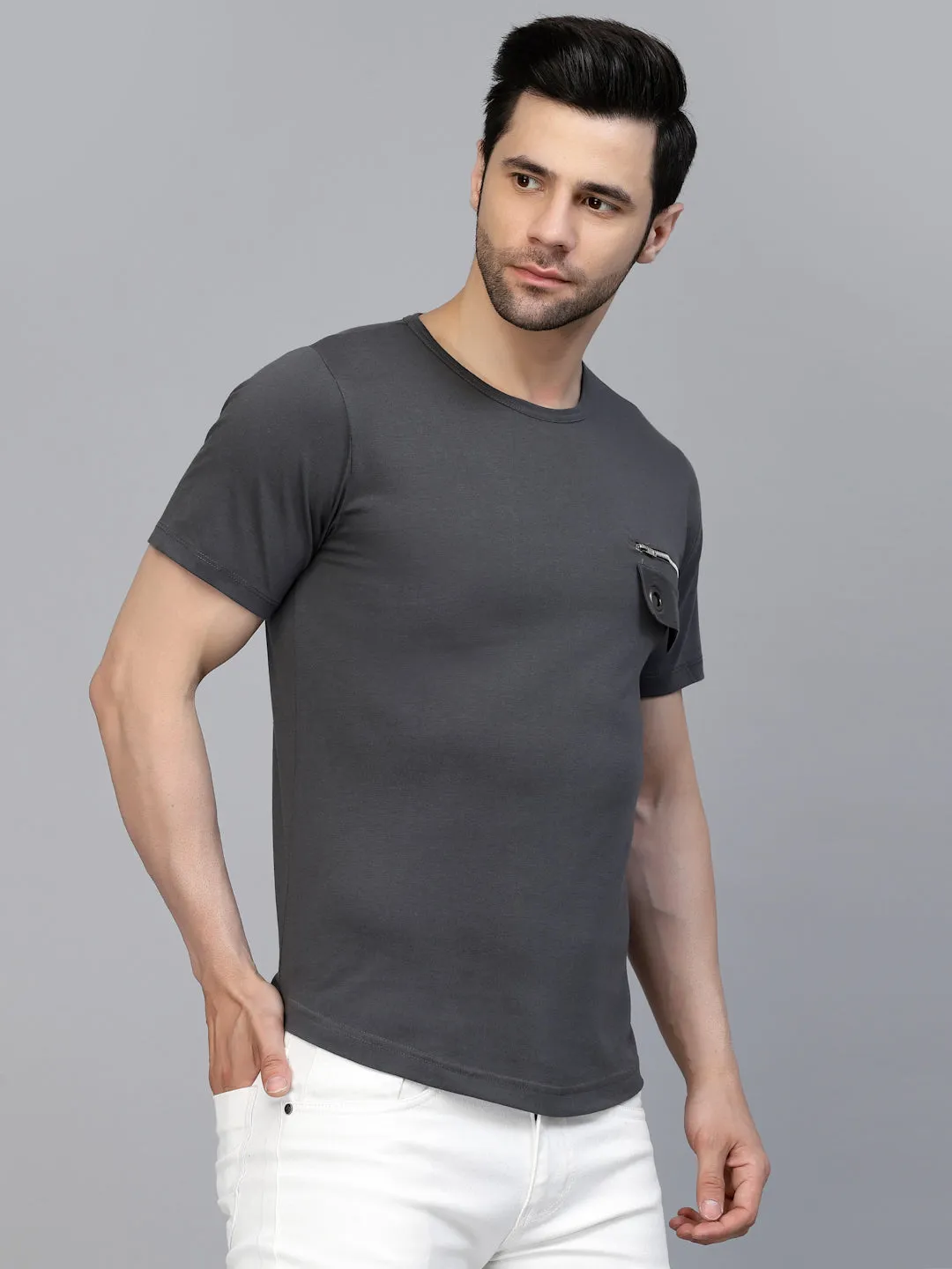 Dark Grey Solid Jersey Half Sleeves Round Neck T-shirt