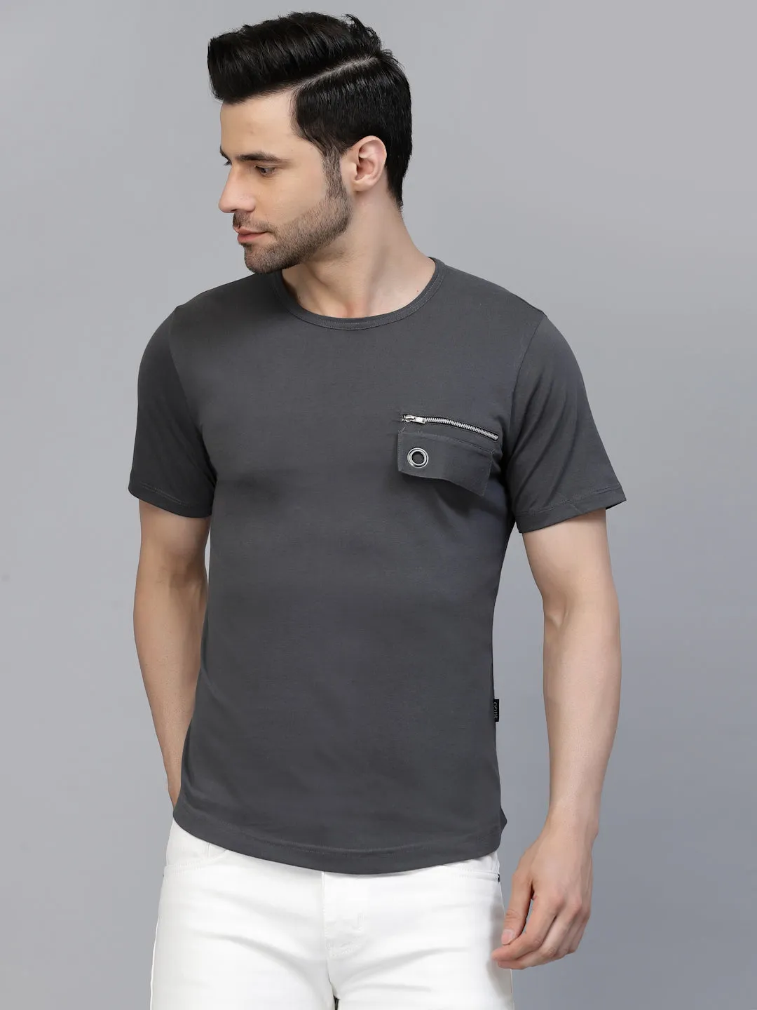 Dark Grey Solid Jersey Half Sleeves Round Neck T-shirt