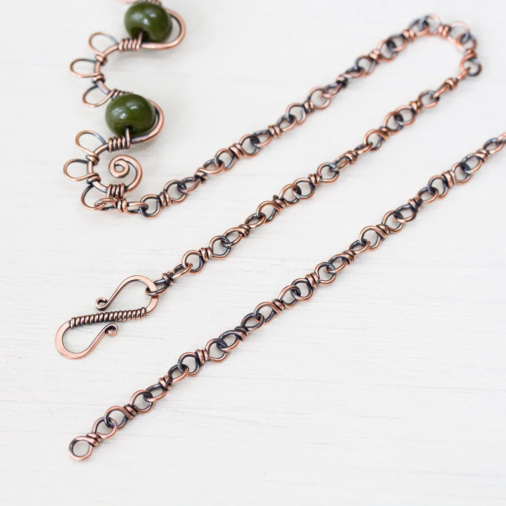 Earthy Copper Waves Necklace with Olive Green Lampwork Beads