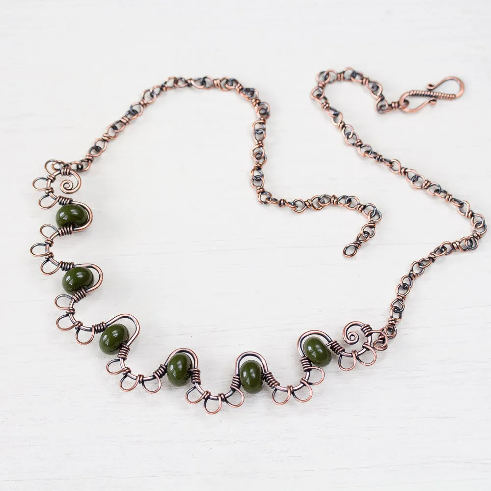 Earthy Copper Waves Necklace with Olive Green Lampwork Beads