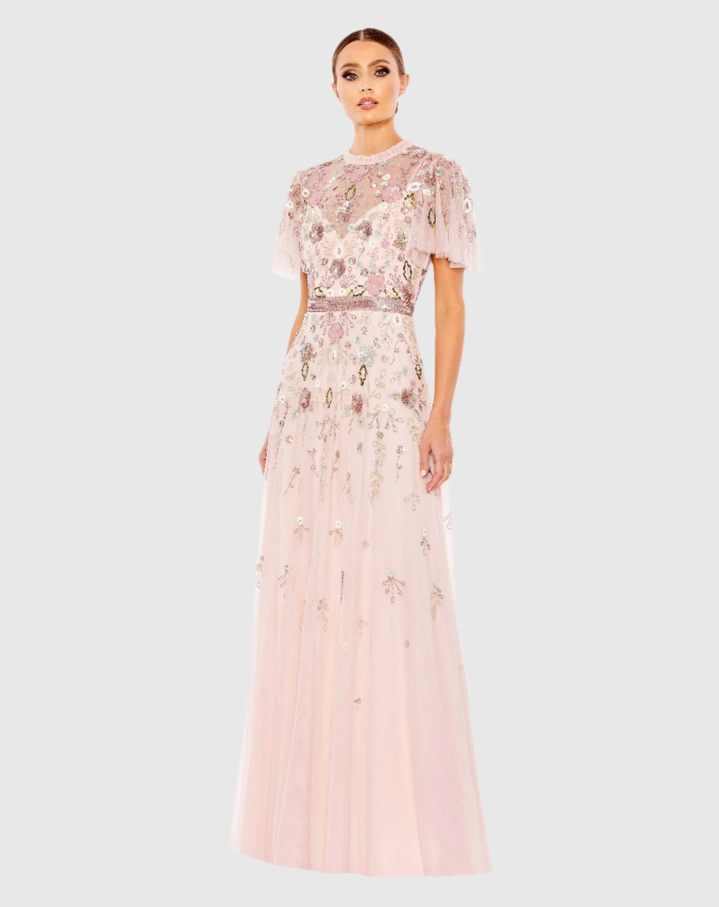 Embellished High Neck Butterfly Sleeve Gown