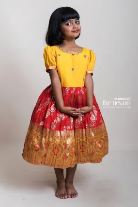 Embroidered Yellow Yoke And Red Brocade Printed Semi-Silk Frocks For Girls