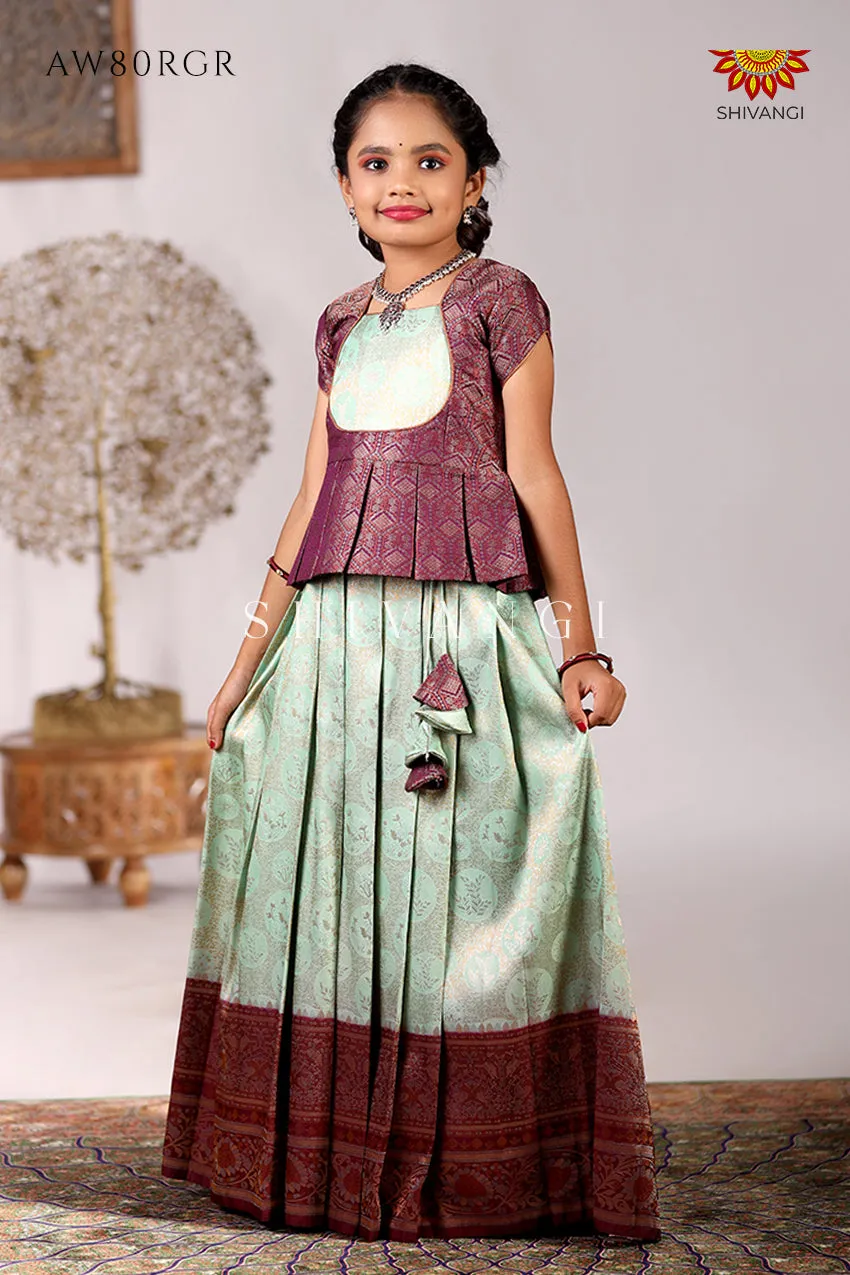 Festive Collection - Teal Green Banarasi Jacquard Pavadai Set For Kids