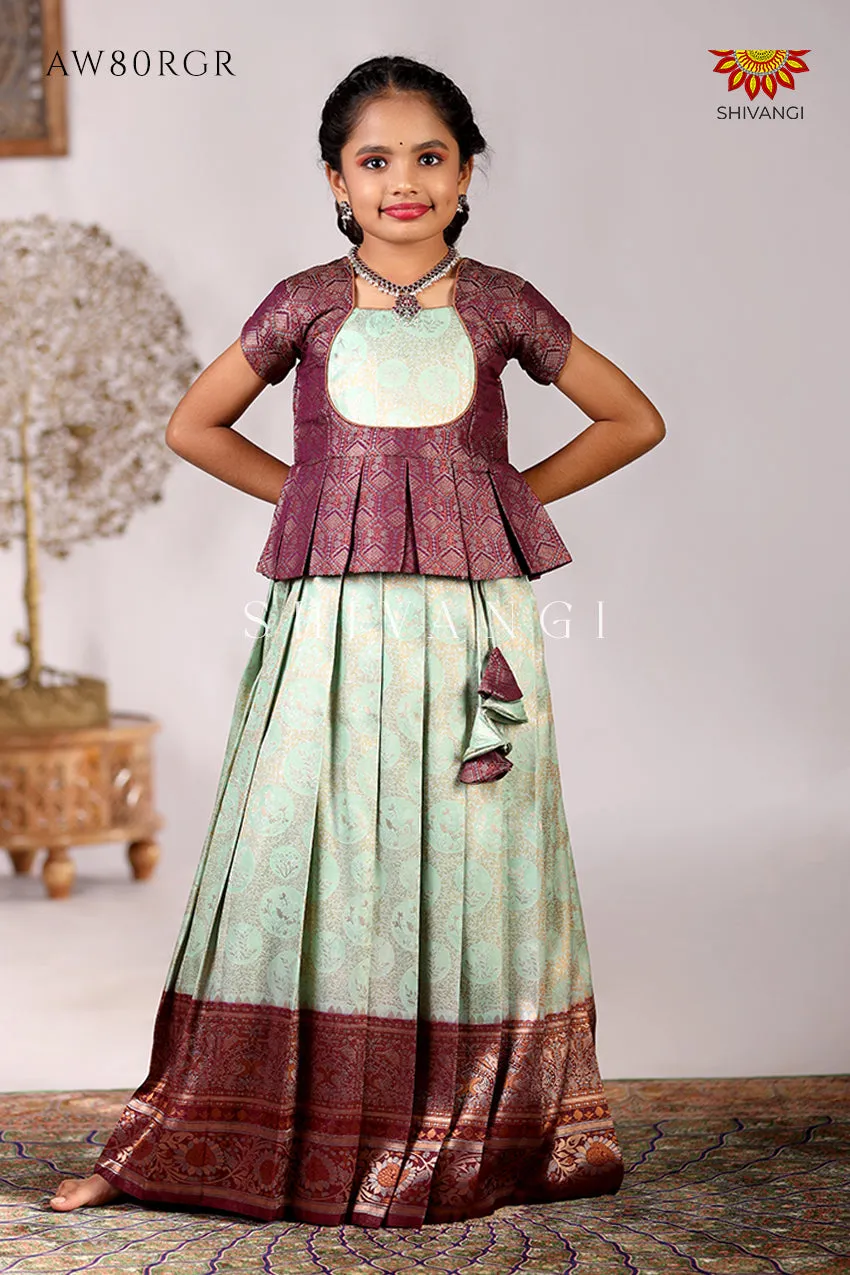 Festive Collection - Teal Green Banarasi Jacquard Pavadai Set For Kids