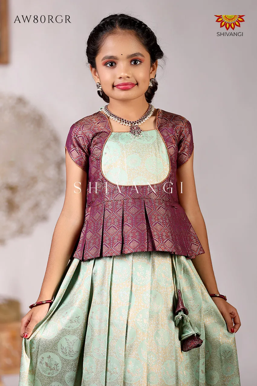 Festive Collection - Teal Green Banarasi Jacquard Pavadai Set For Kids