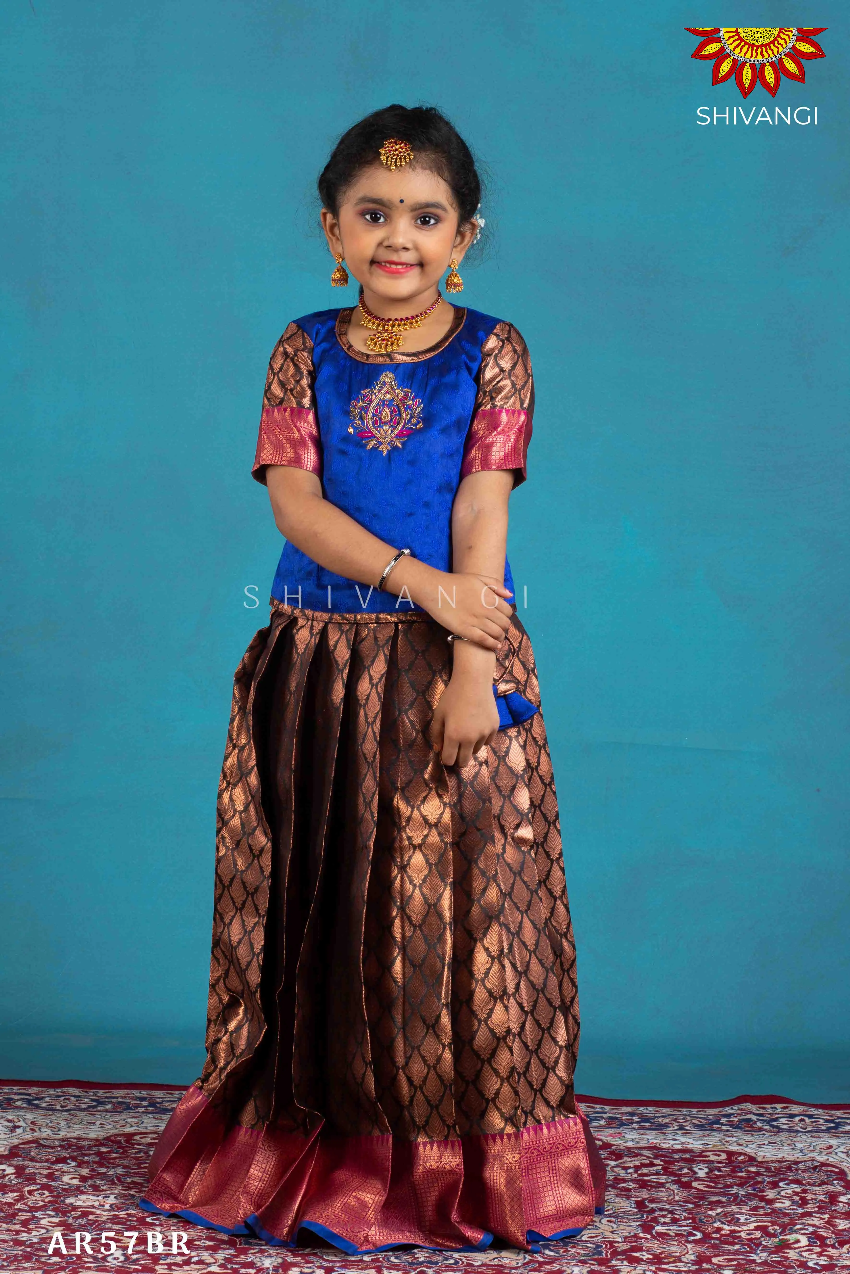 Girls Brown Lilly Bud Pattu Pavadai | Langa