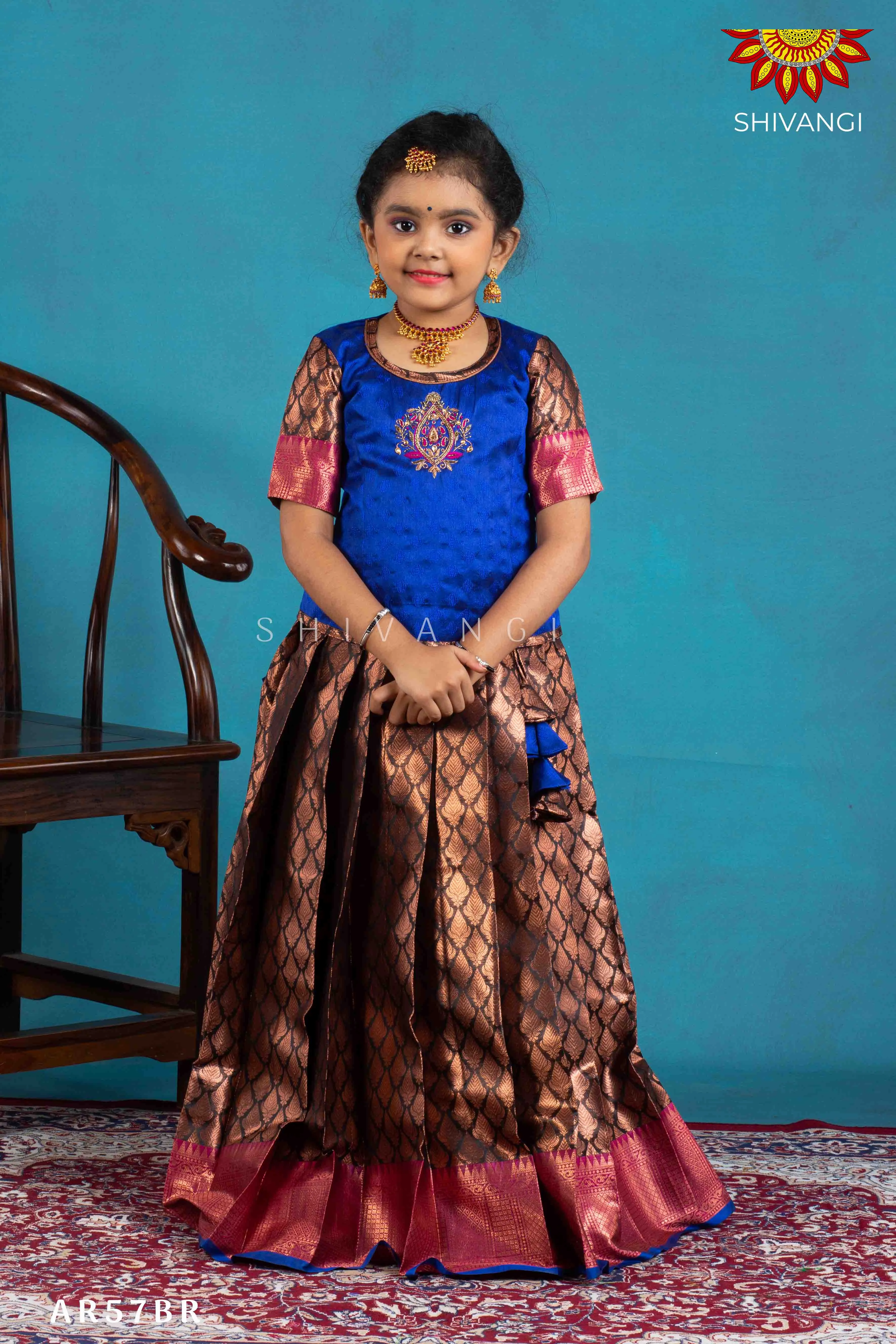 Girls Brown Lilly Bud Pattu Pavadai | Langa