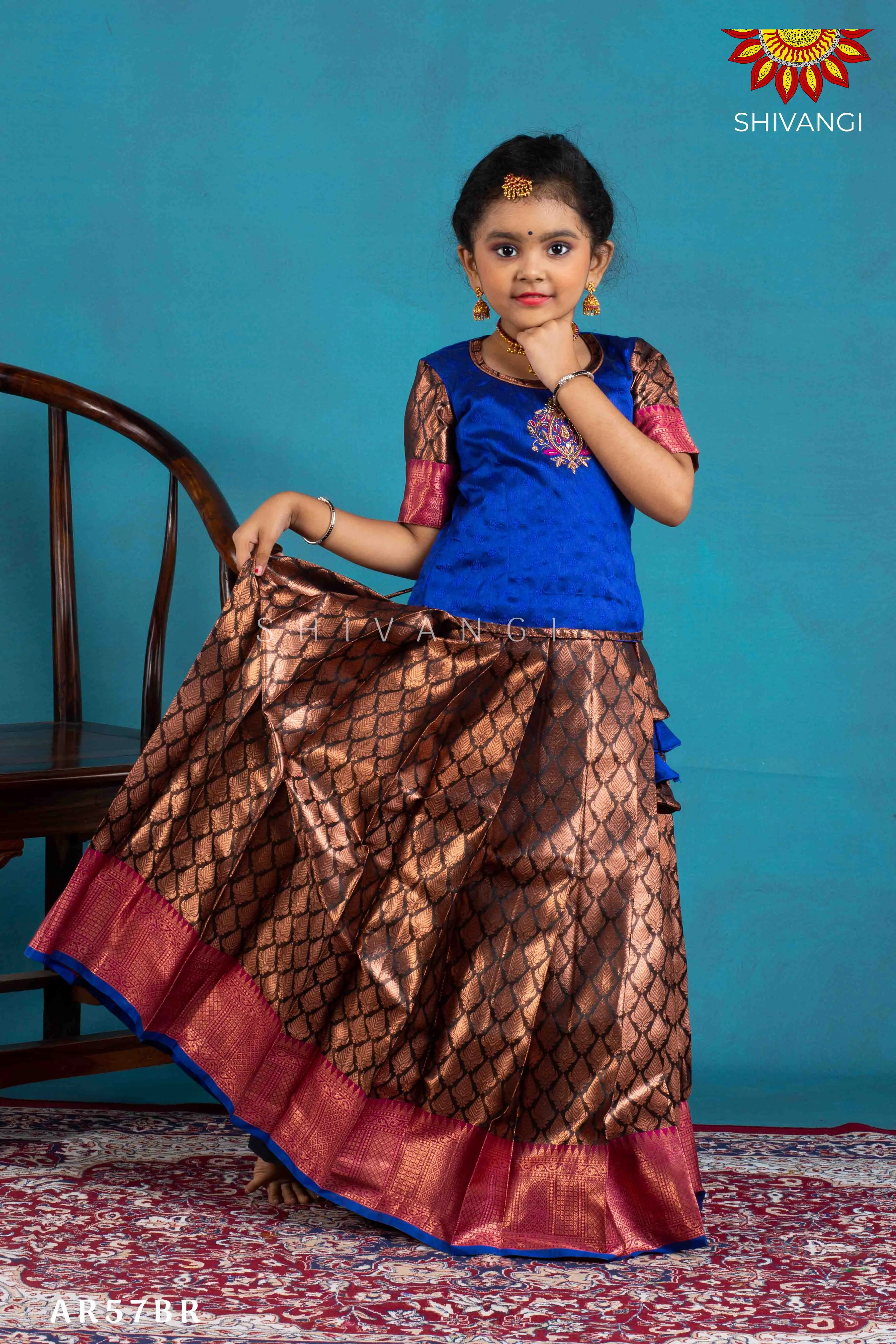 Girls Brown Lilly Bud Pattu Pavadai | Langa