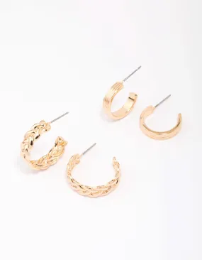 Gold Braided & Ribbed Hoop Earring Pack