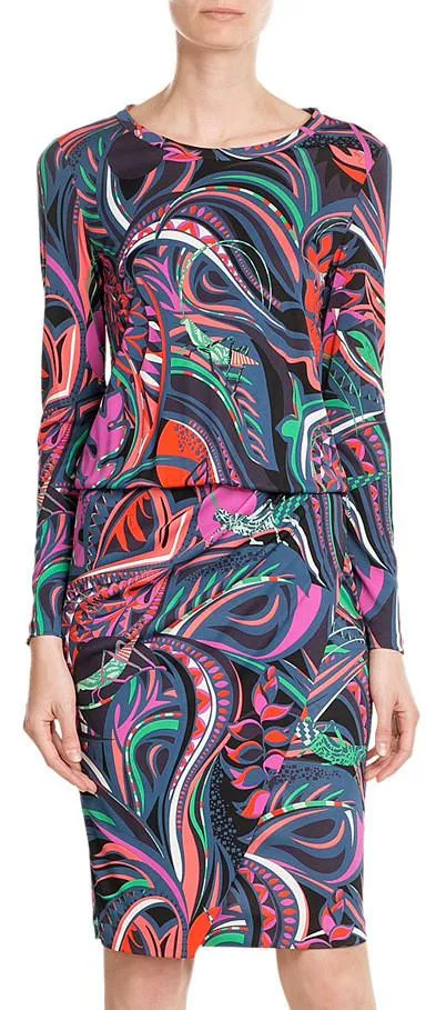 'Grasshopper' Long Sleeve Ruched Silk Dress