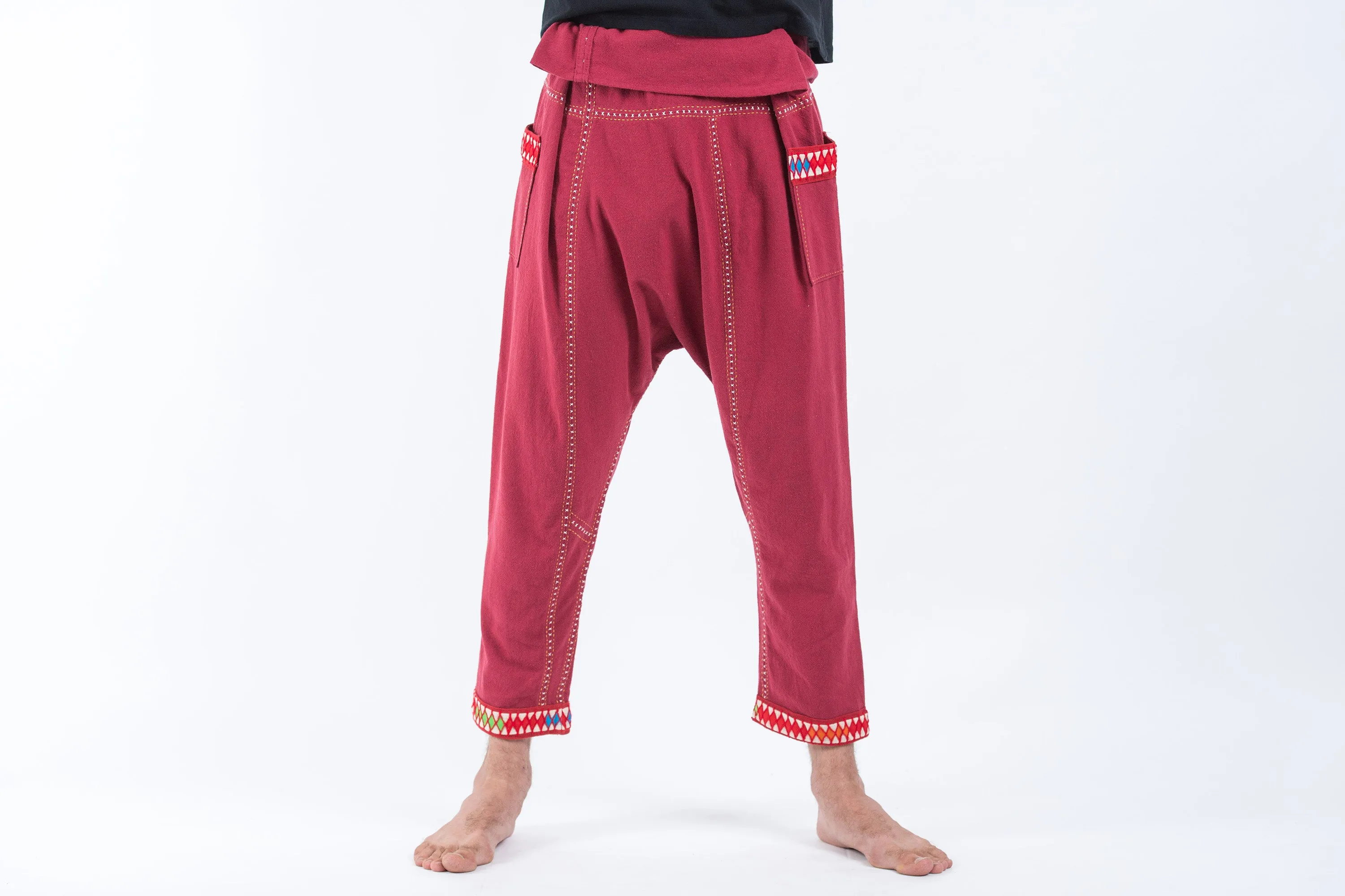 Hand Embroidered Men's Slim Cut Fisherman Pants in Red