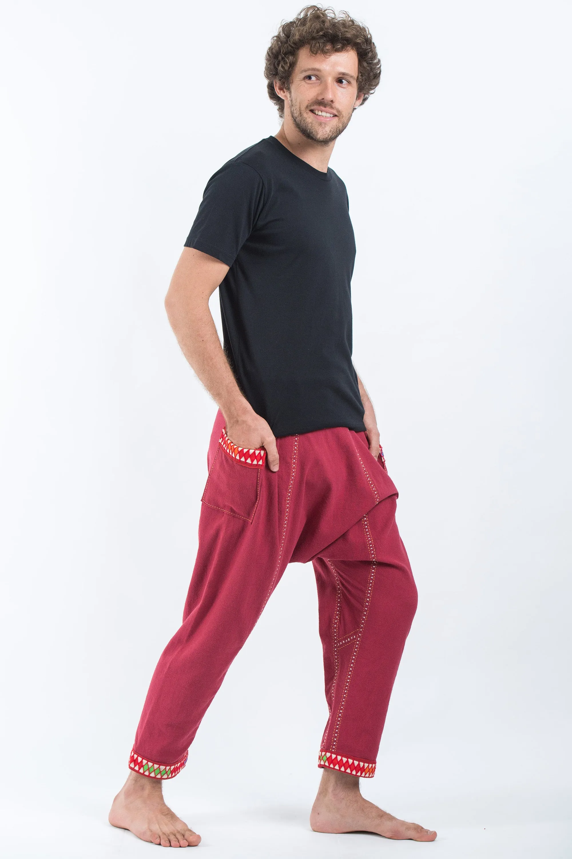 Hand Embroidered Men's Slim Cut Fisherman Pants in Red