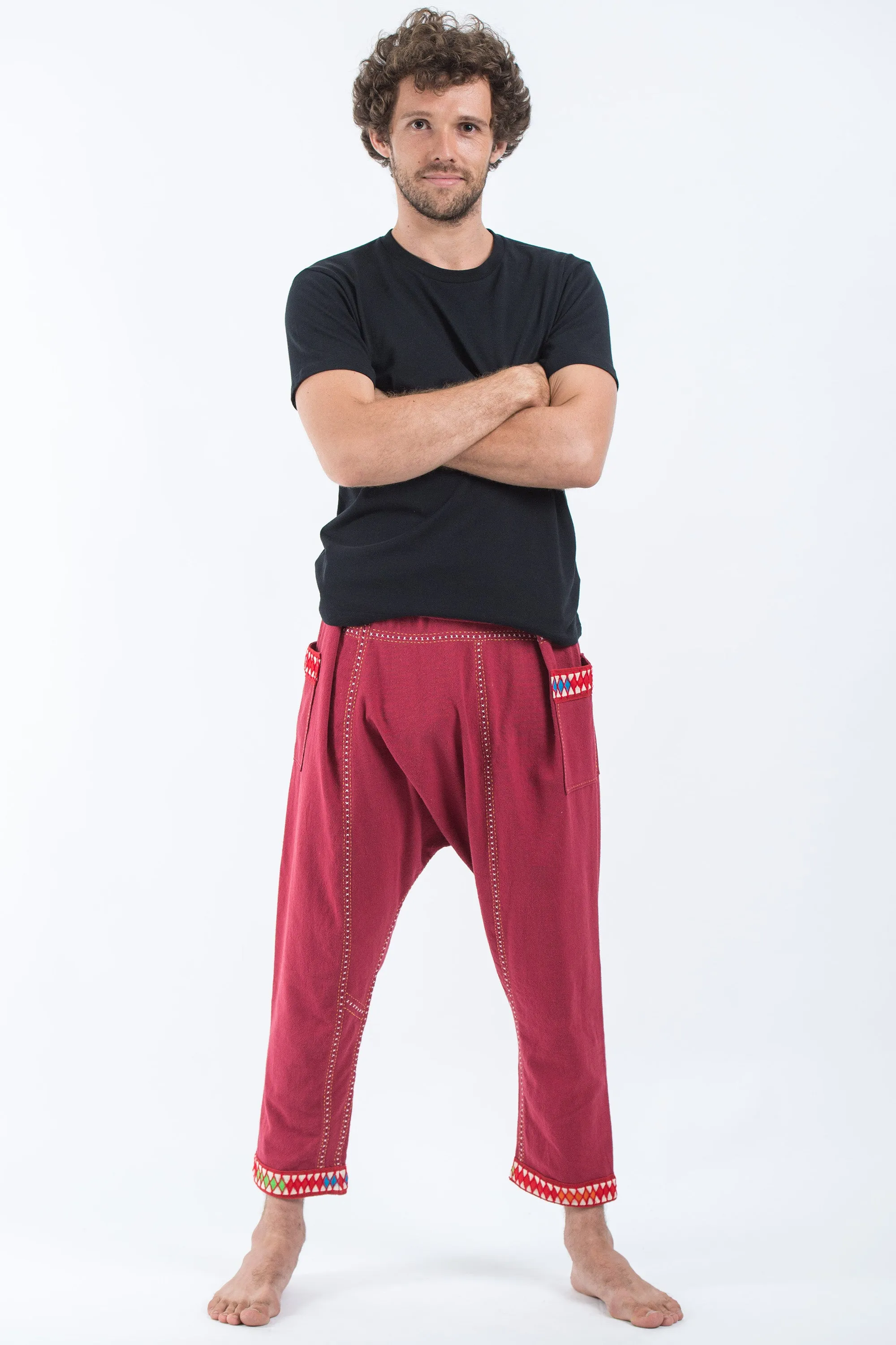 Hand Embroidered Men's Slim Cut Fisherman Pants in Red