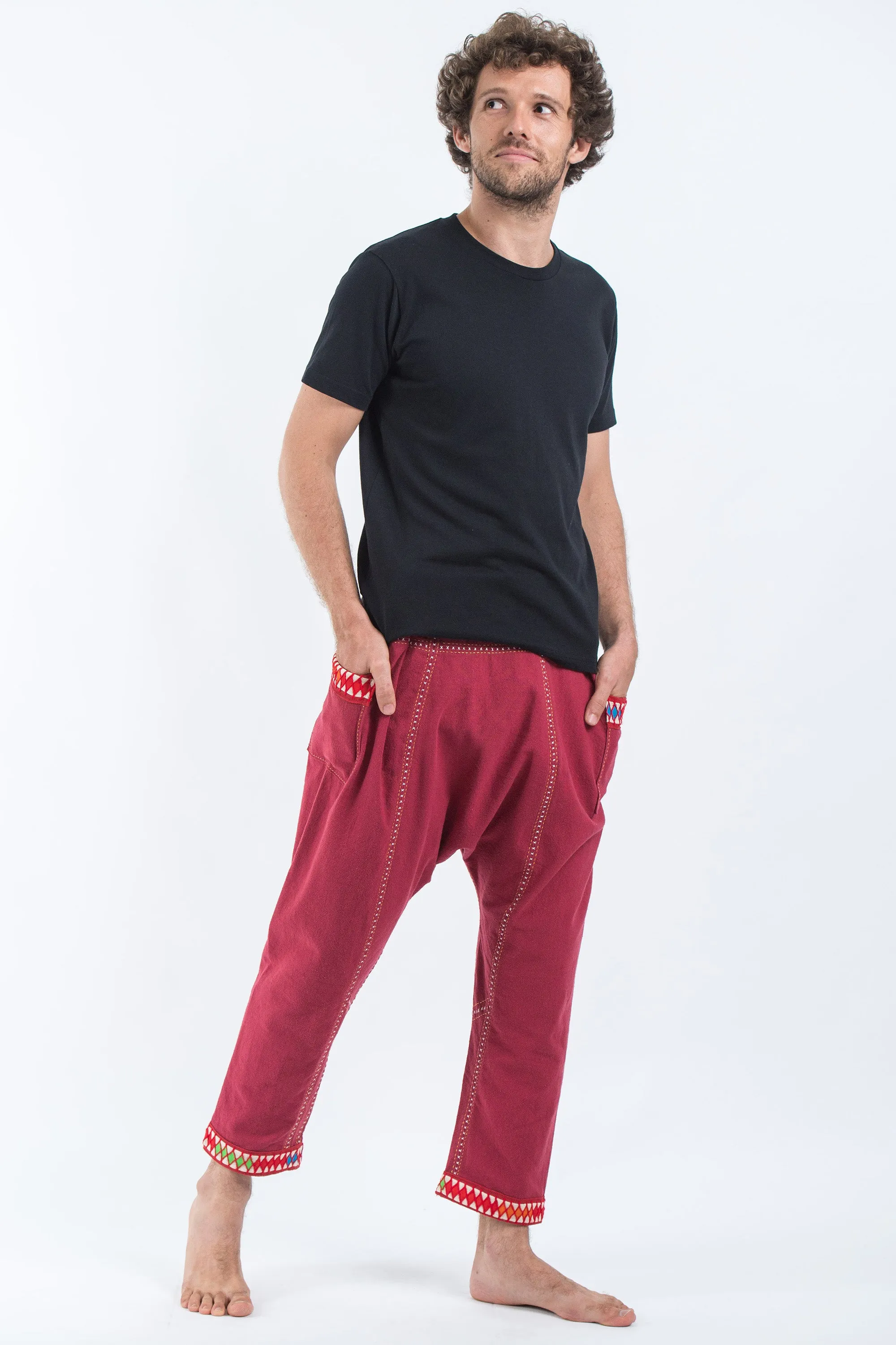 Hand Embroidered Men's Slim Cut Fisherman Pants in Red