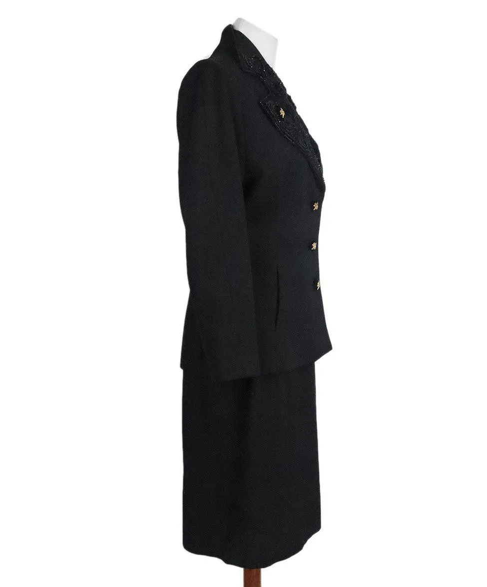 Hermes Vintage Black Wool & Velvet Beaded Skirt Suit sz 10