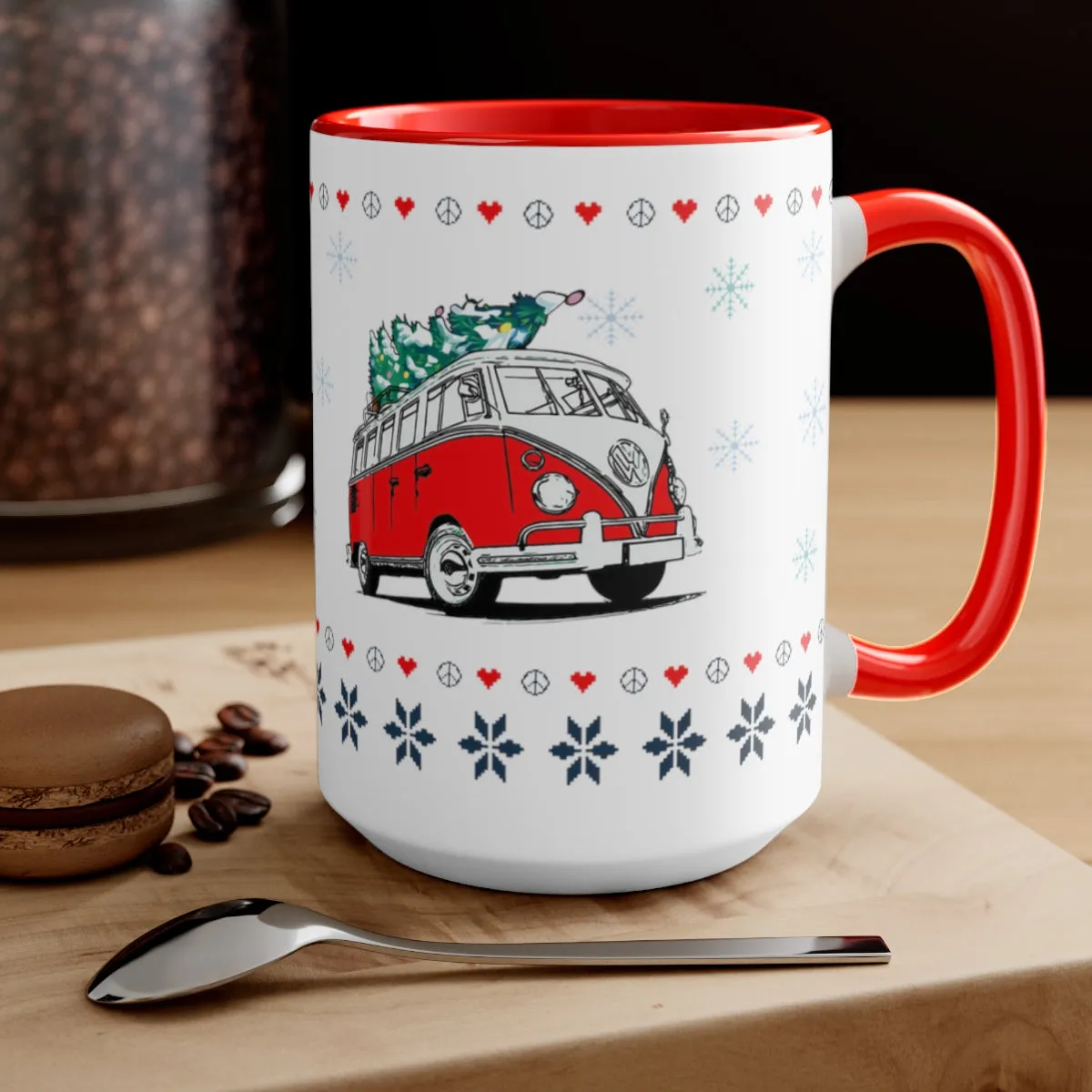 Holiday Hippie Van Two-Tone Coffee Mugs, 15oz