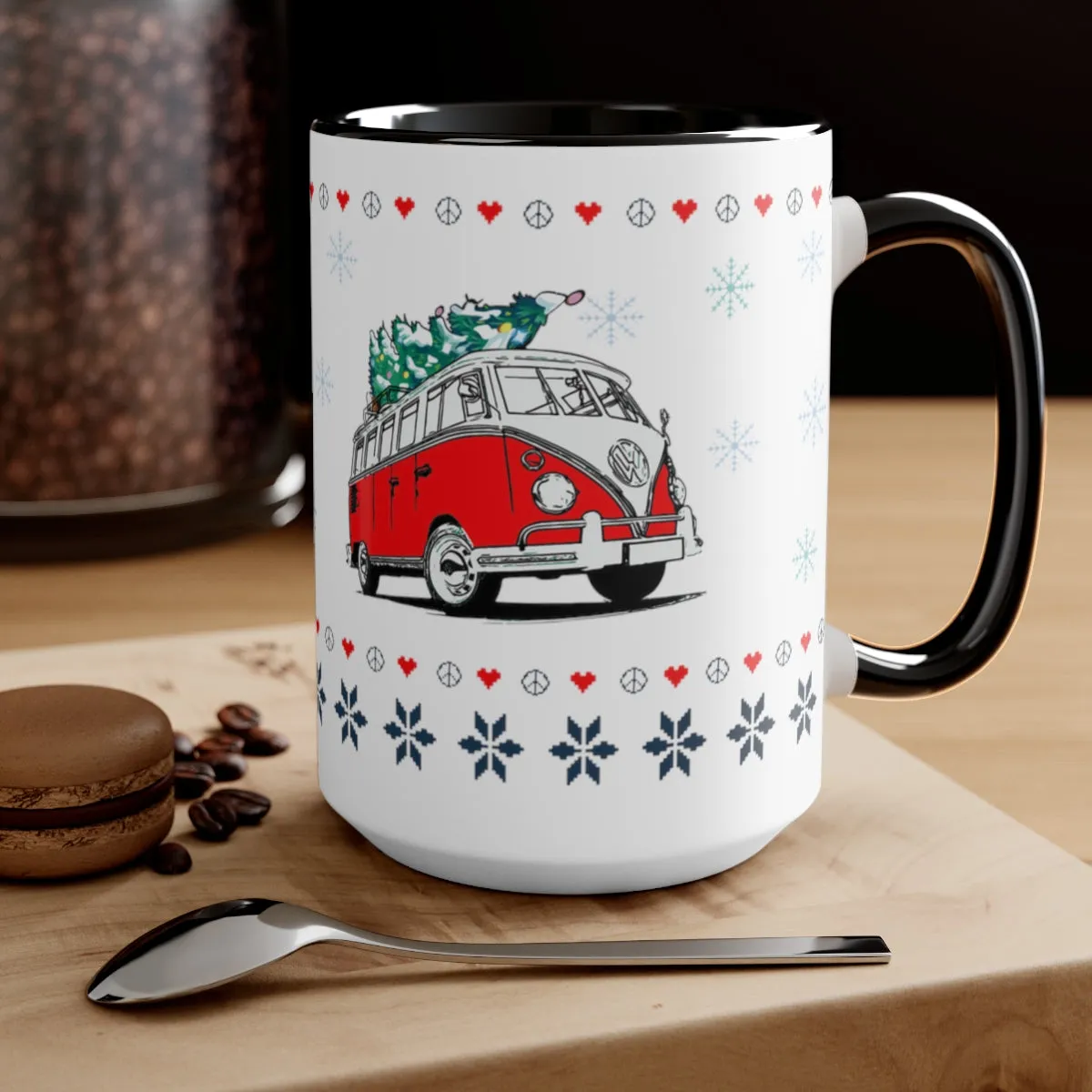 Holiday Hippie Van Two-Tone Coffee Mugs, 15oz