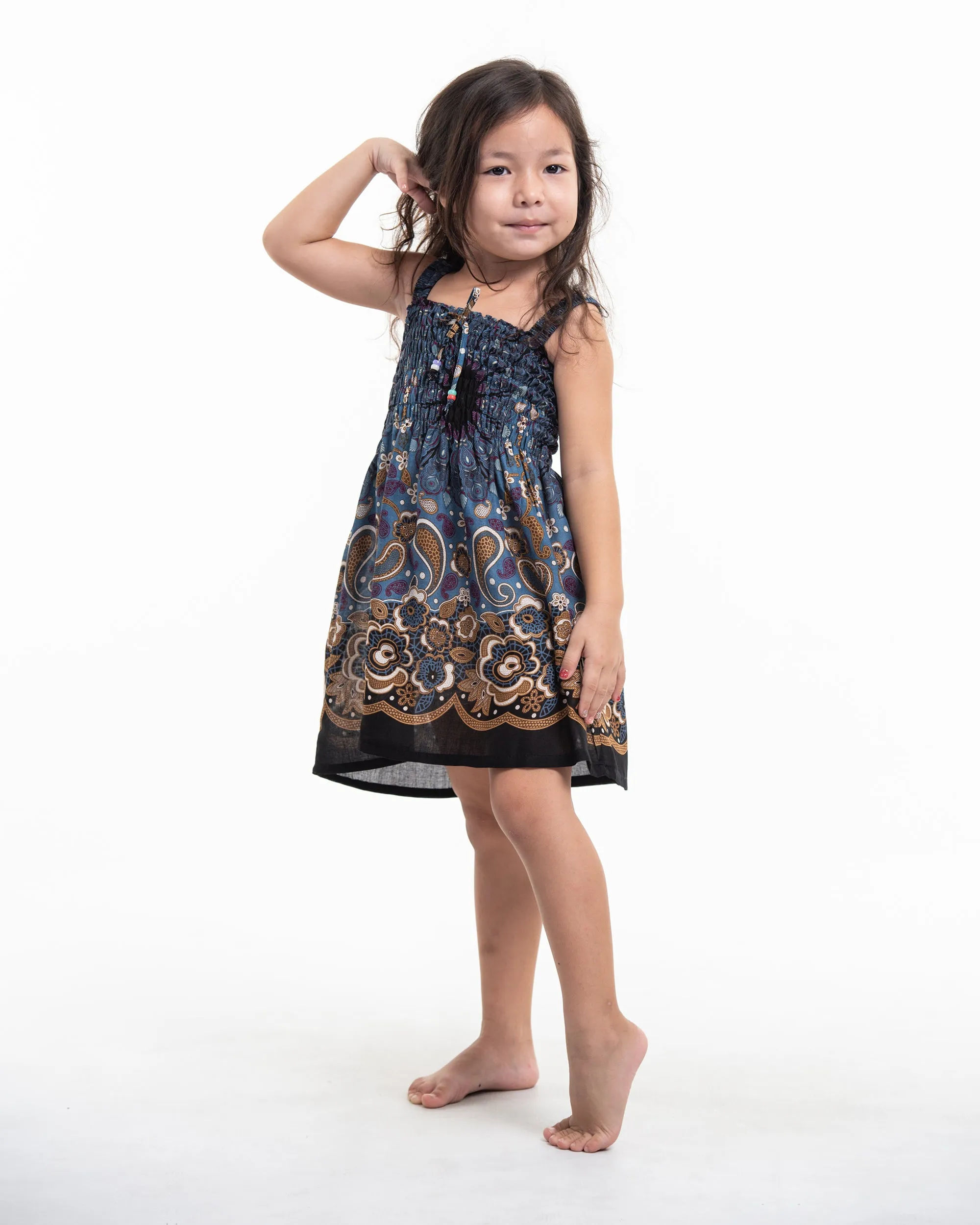 Kids Paisley Mandalas Smock Dress in Blue Gray