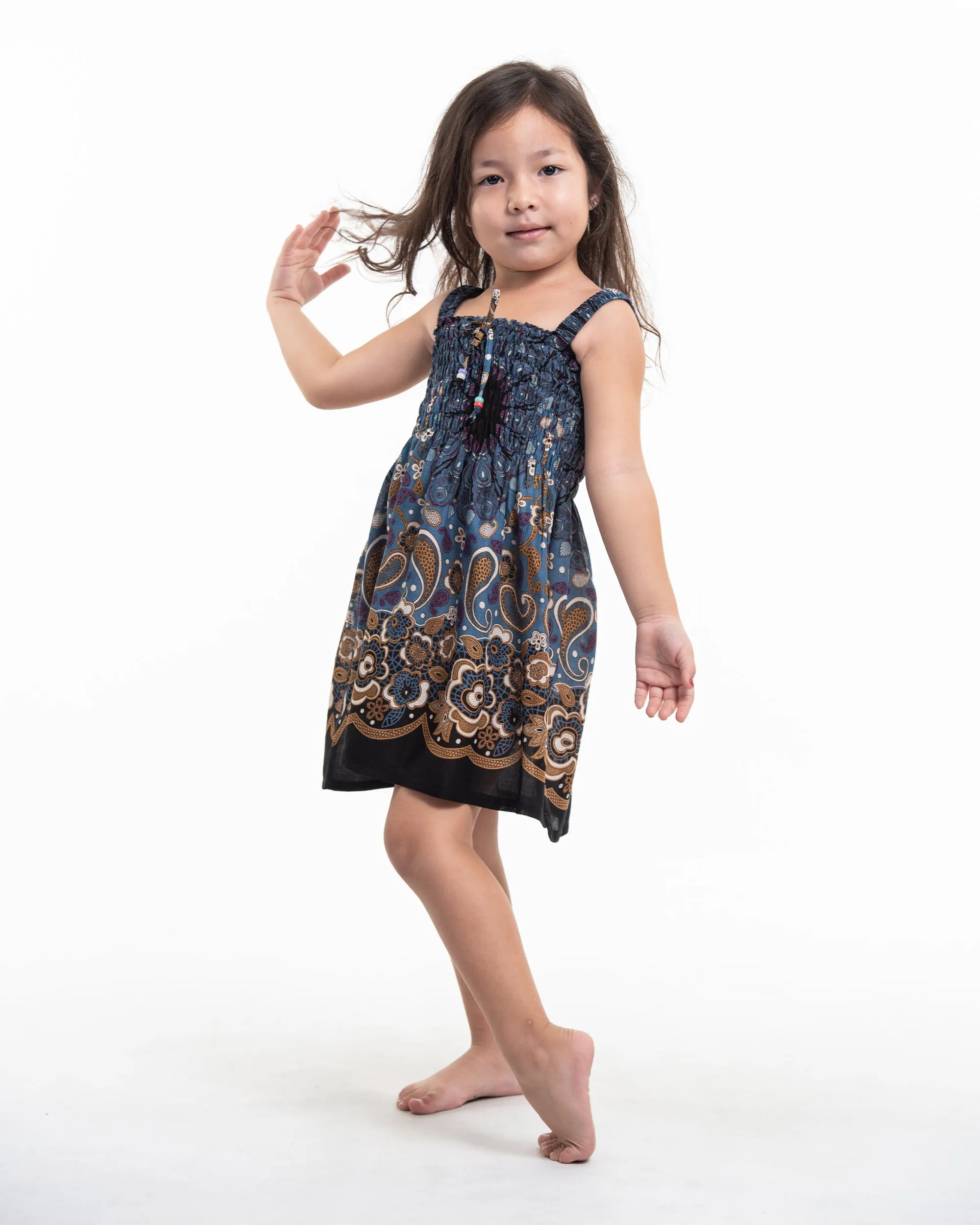 Kids Paisley Mandalas Smock Dress in Blue Gray