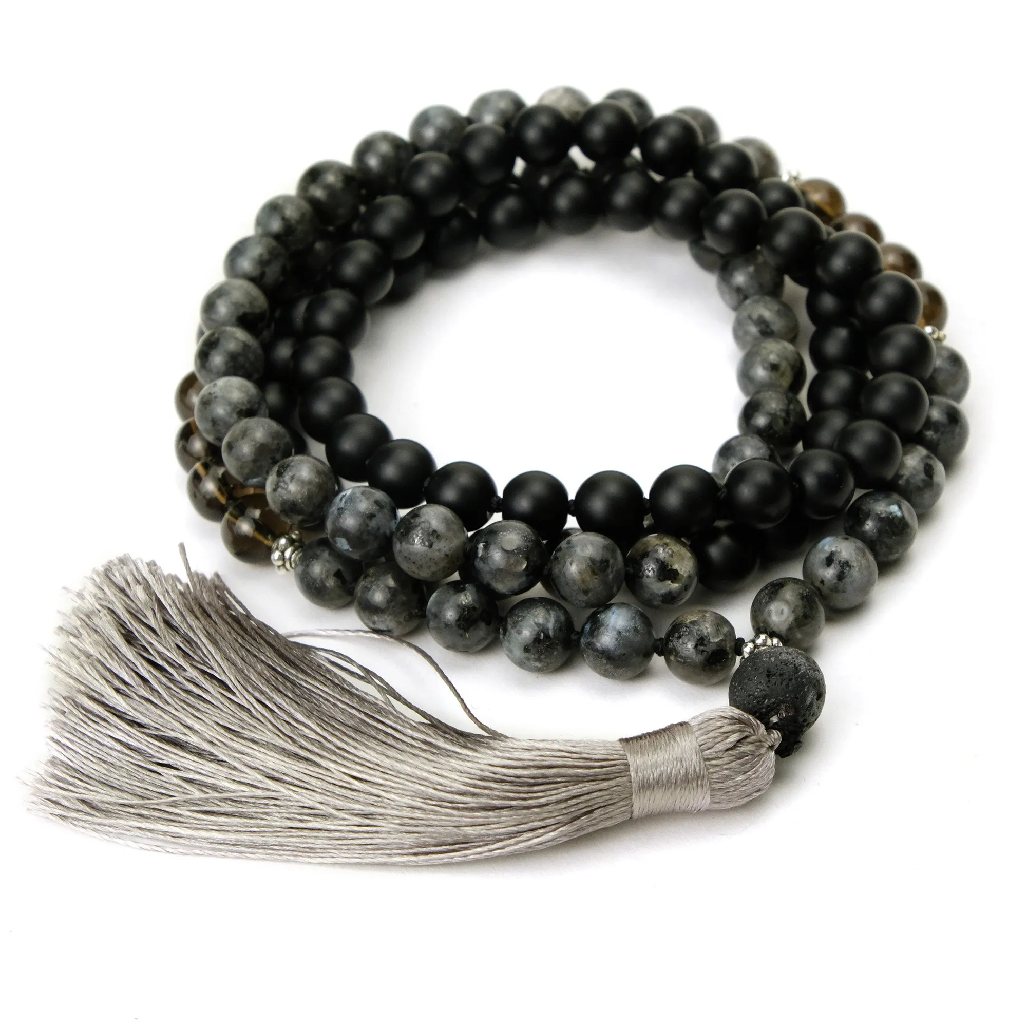 Labradorite, Onyx and Smokey Quartz 8mm Knotted Mala with Silk Tassel #87