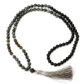 Labradorite, Onyx and Smokey Quartz 8mm Knotted Mala with Silk Tassel #87