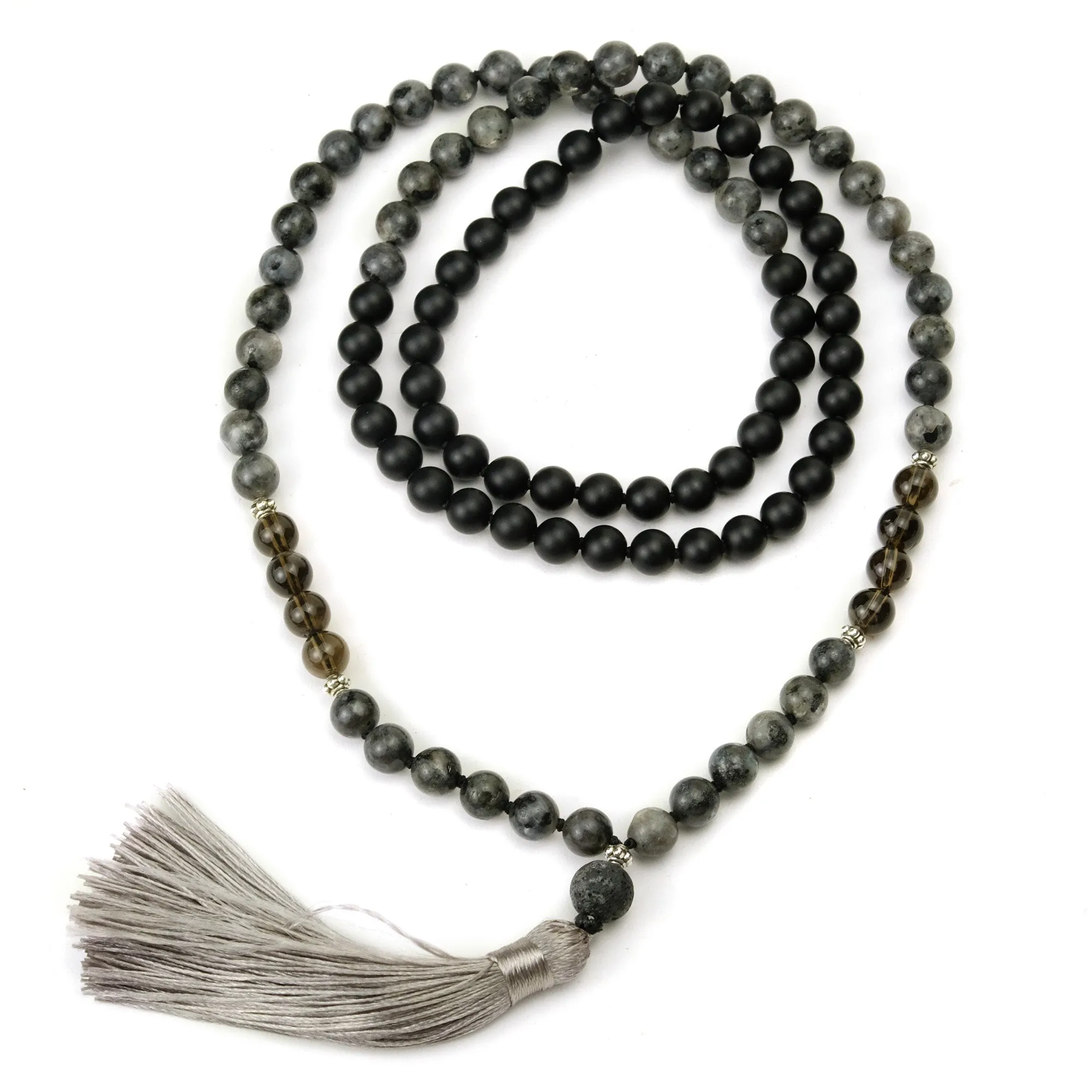 Labradorite, Onyx and Smokey Quartz 8mm Knotted Mala with Silk Tassel #87