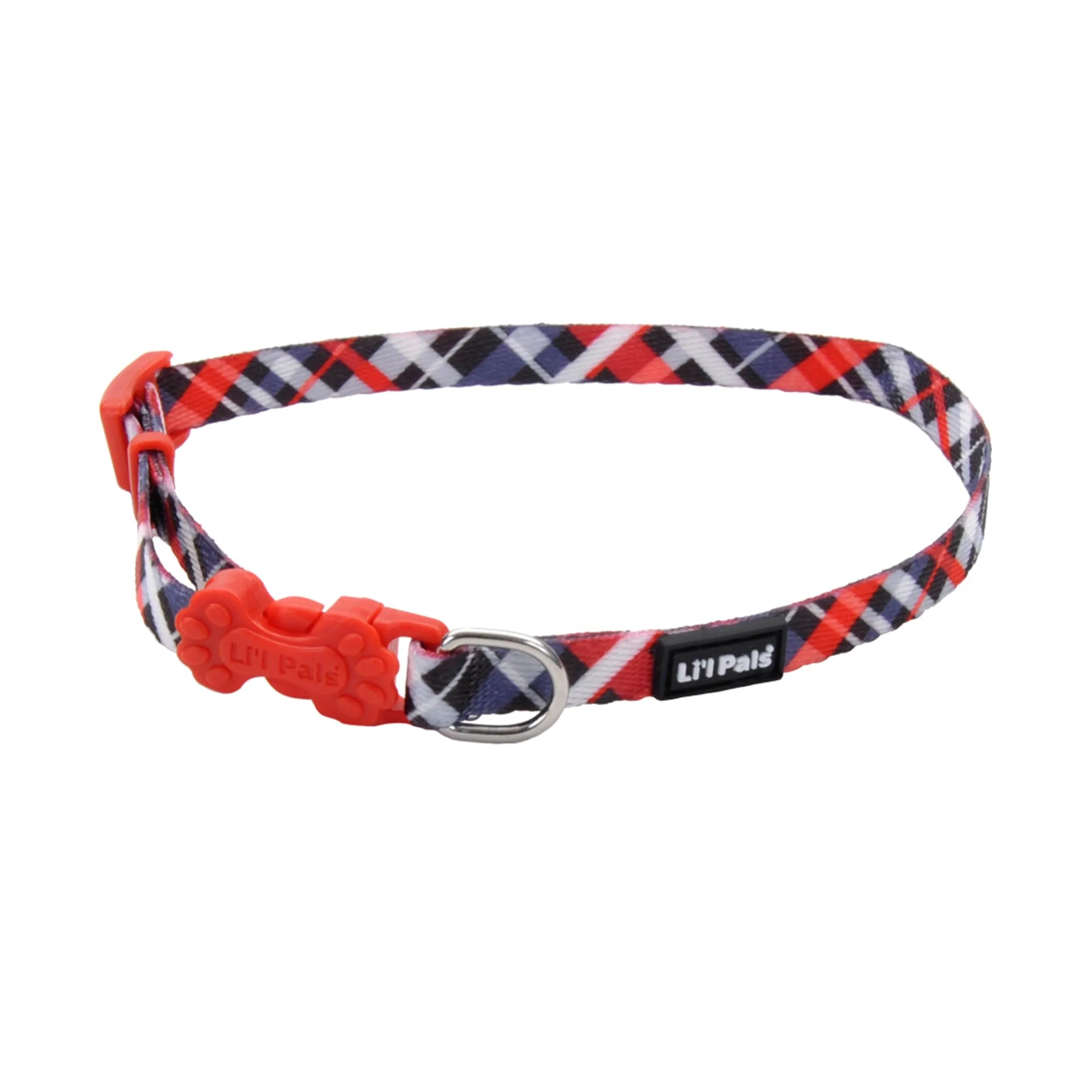 Li'l Pals Adjustable Patterned Dog Collar, Red & Grey Plaid, Petite Small