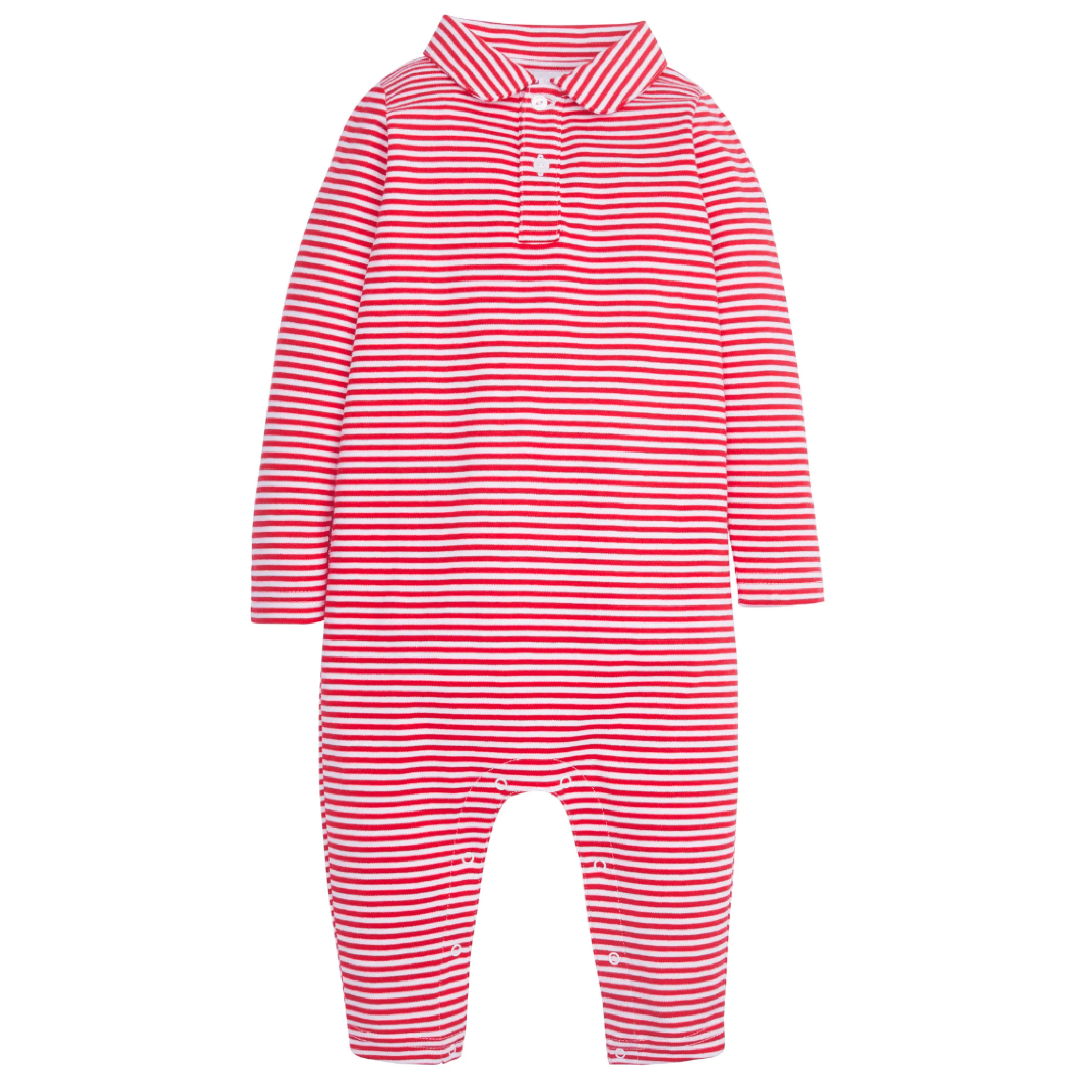 Long Sleeve Striped Polo Romper - Red