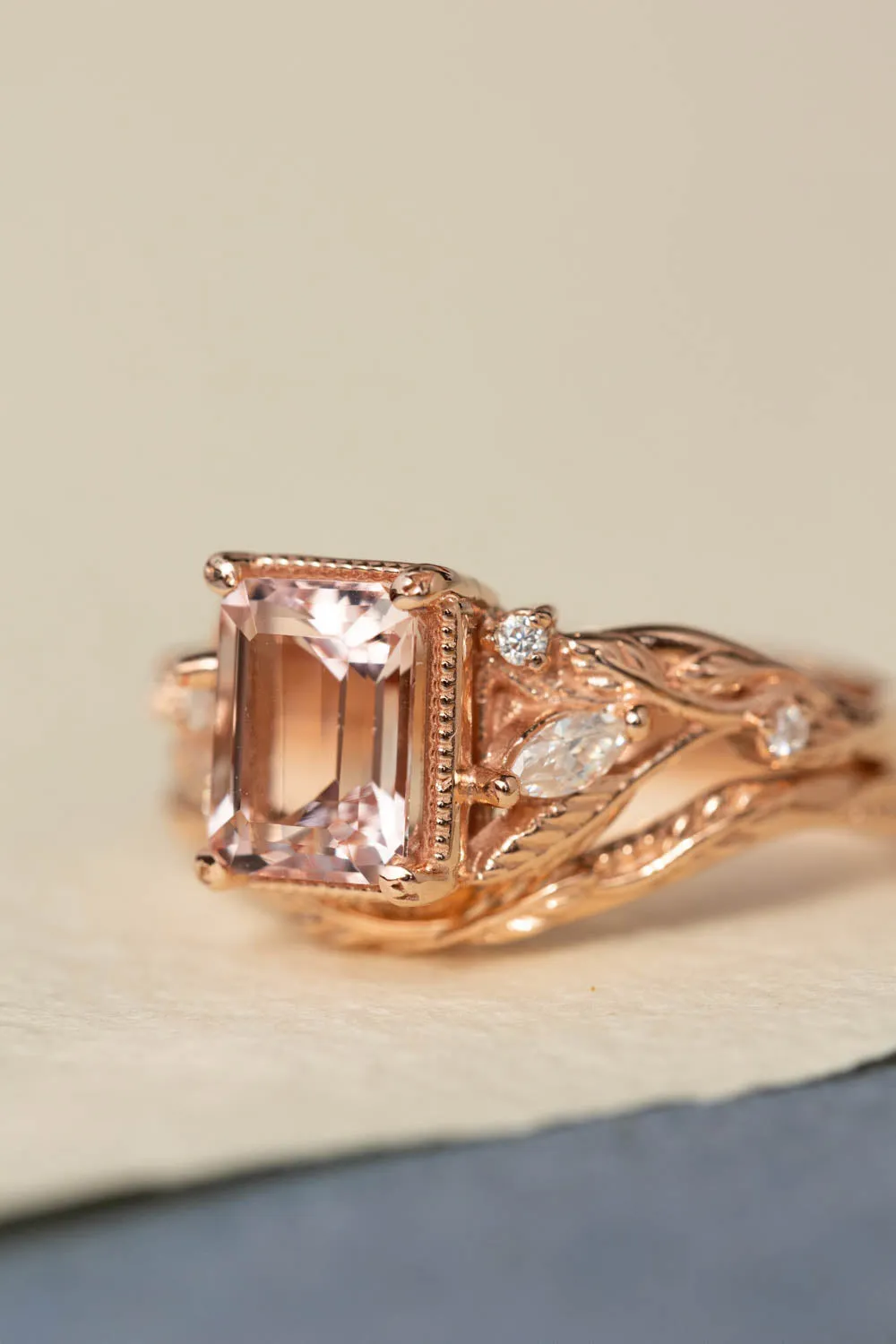 Nature inspired engagement ring with morganite, rose gold engagement ring with diamonds / Patricia