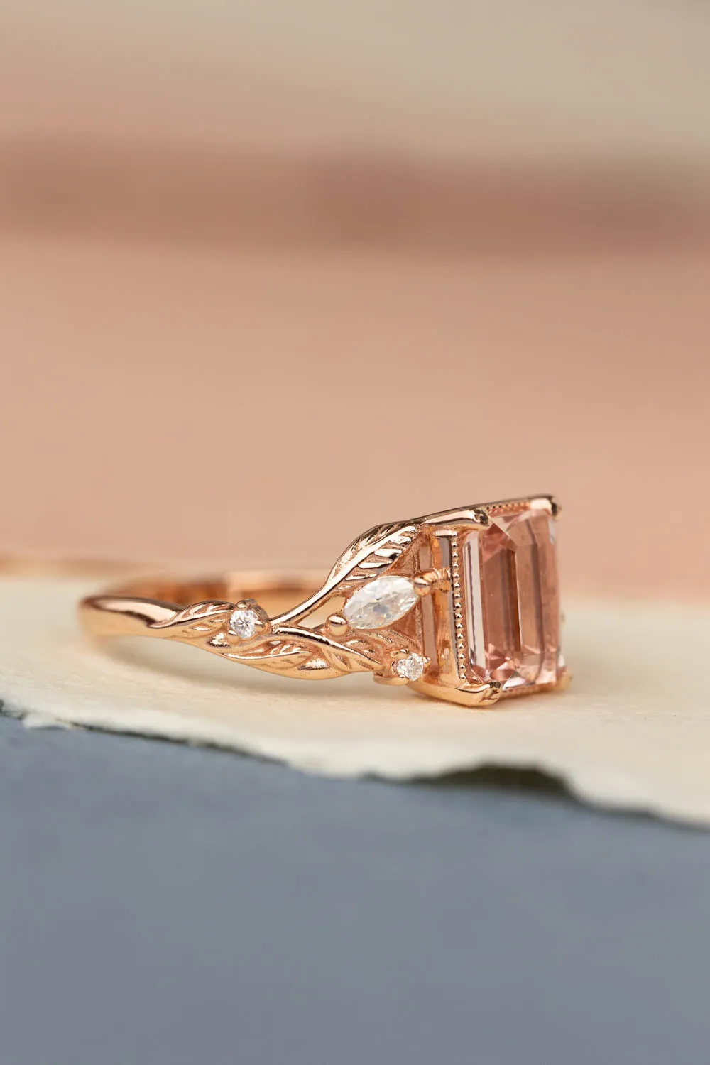 Nature inspired engagement ring with morganite, rose gold engagement ring with diamonds / Patricia