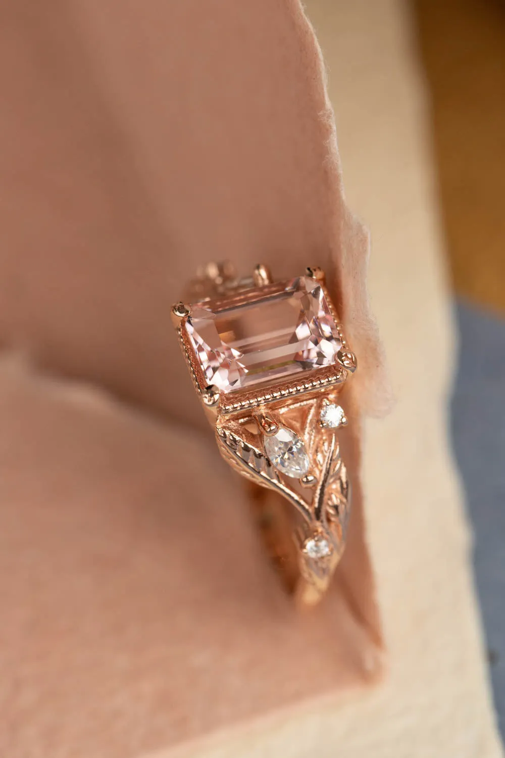 Nature inspired engagement ring with morganite, rose gold engagement ring with diamonds / Patricia