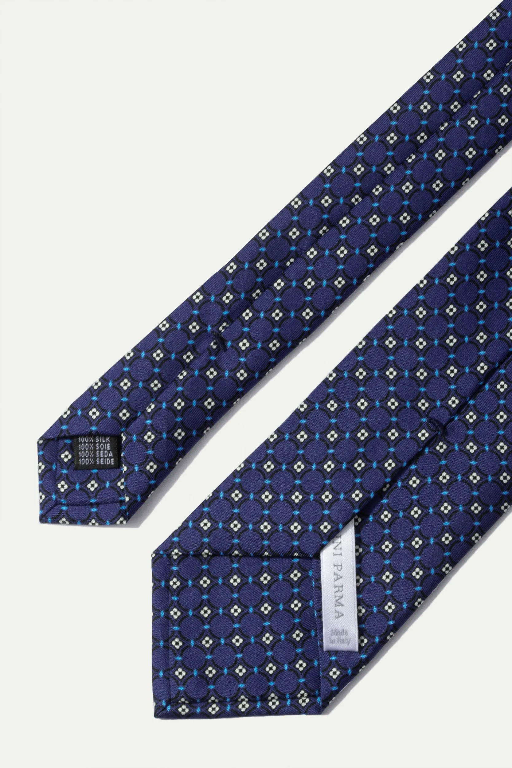 Navy fancy printed silk tie - Made In Italy