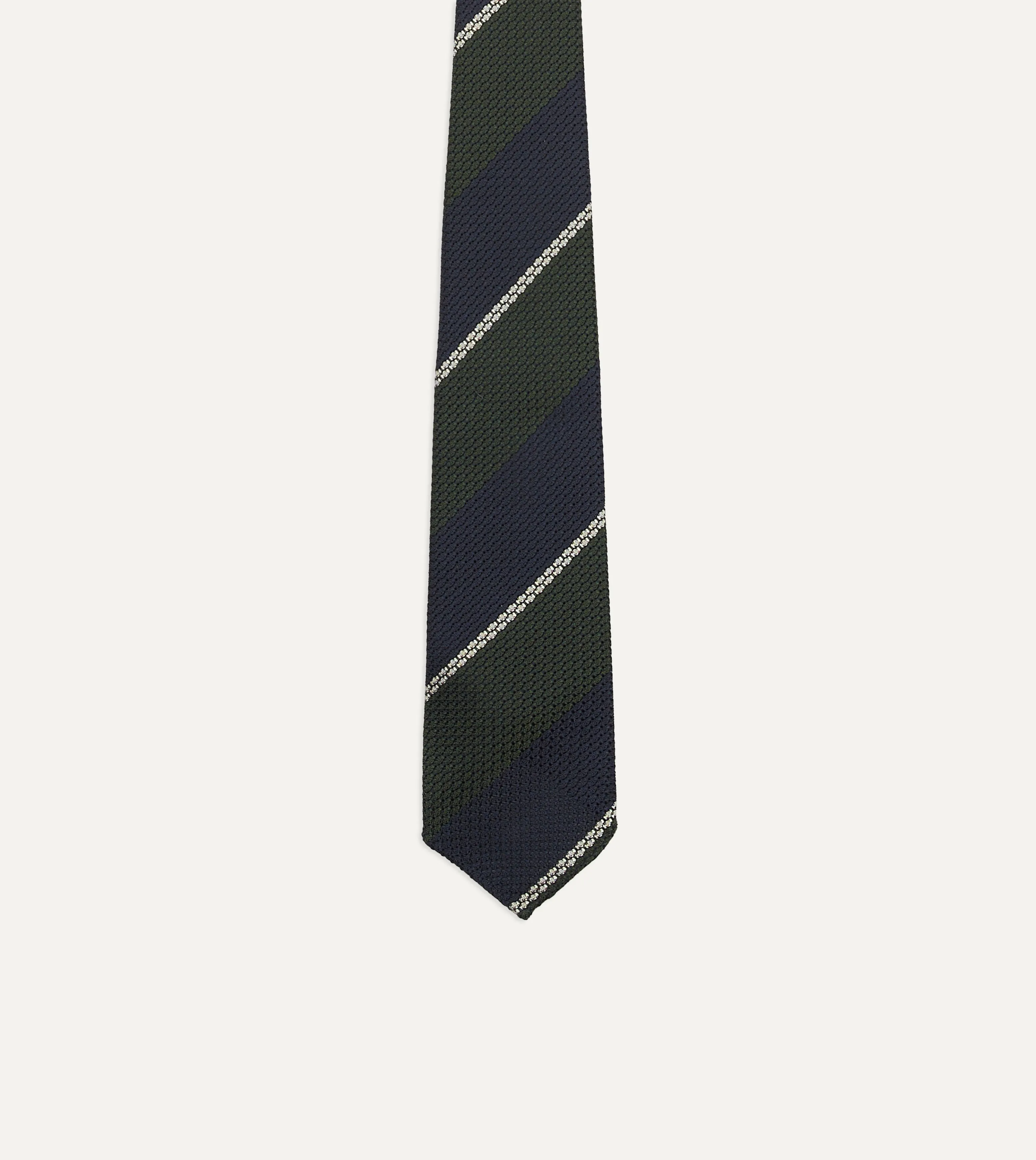 Navy, Green and White Stripe Silk Grenadine Tie