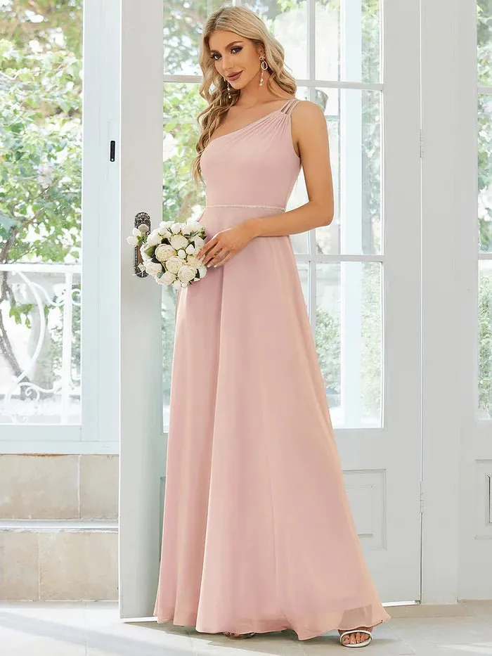 One Shoulder Beaded Chiffon Evening Dress