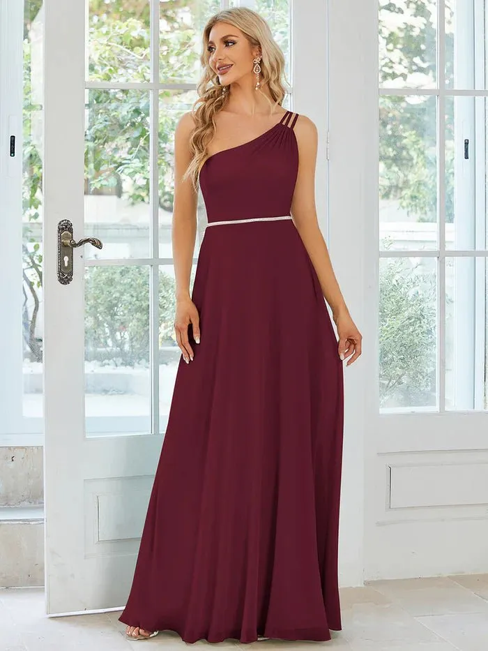 One Shoulder Beaded Chiffon Evening Dress