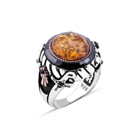 Onyx Stone Rim Around Circle Synthetic Amber Stone Silver Men's Ring Siding Double Sword and Ribbon