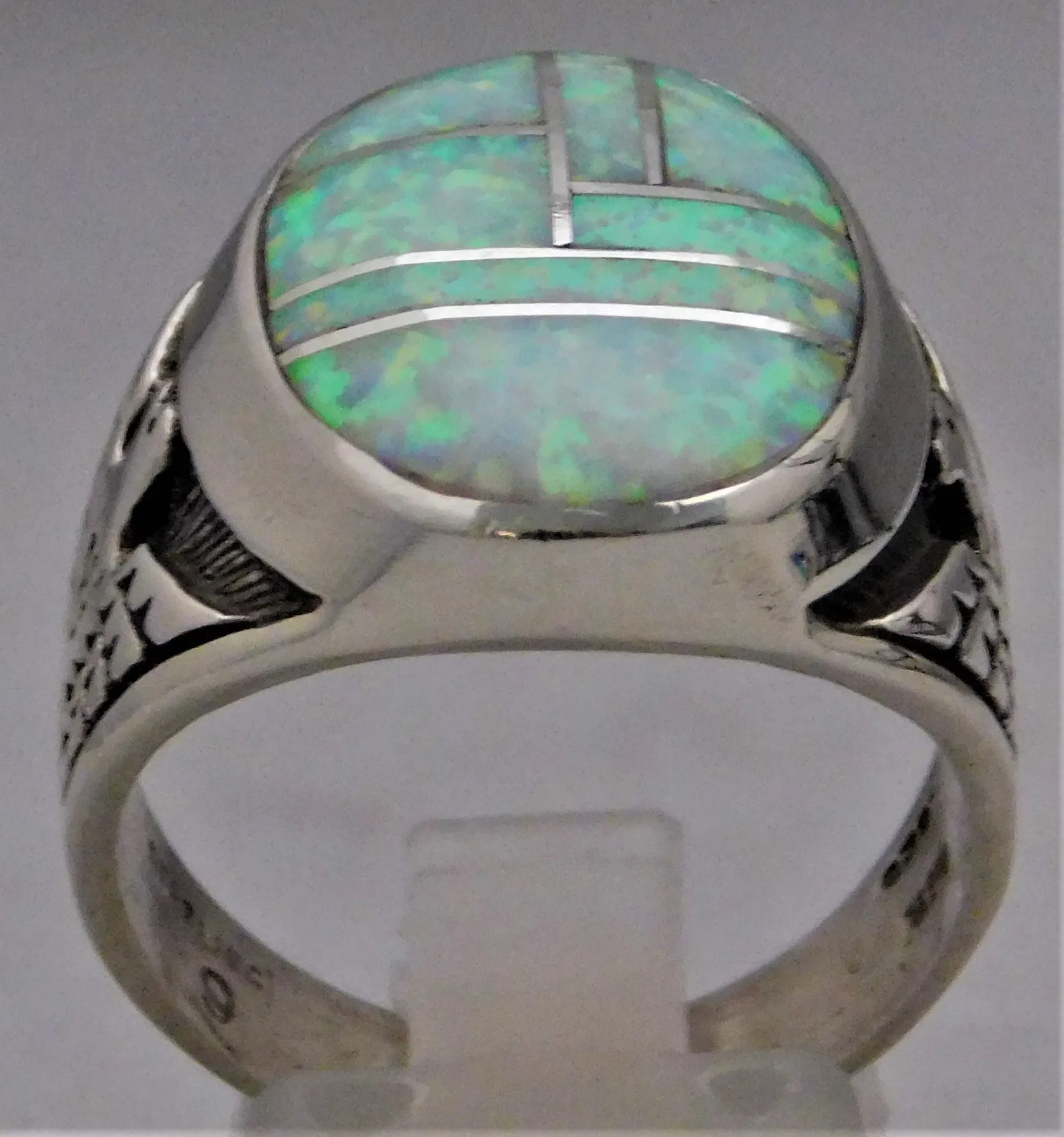 Opal Semi-Black Solid Sterling Silver Mens Ring....Size 10