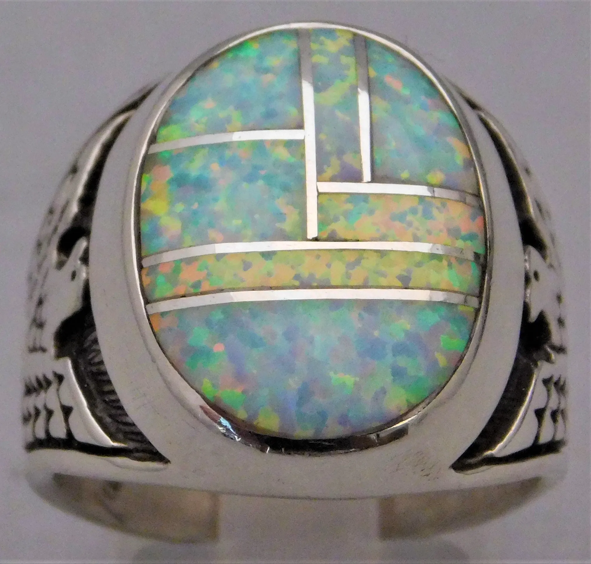 Opal Semi-Black Solid Sterling Silver Mens Ring....Size 10