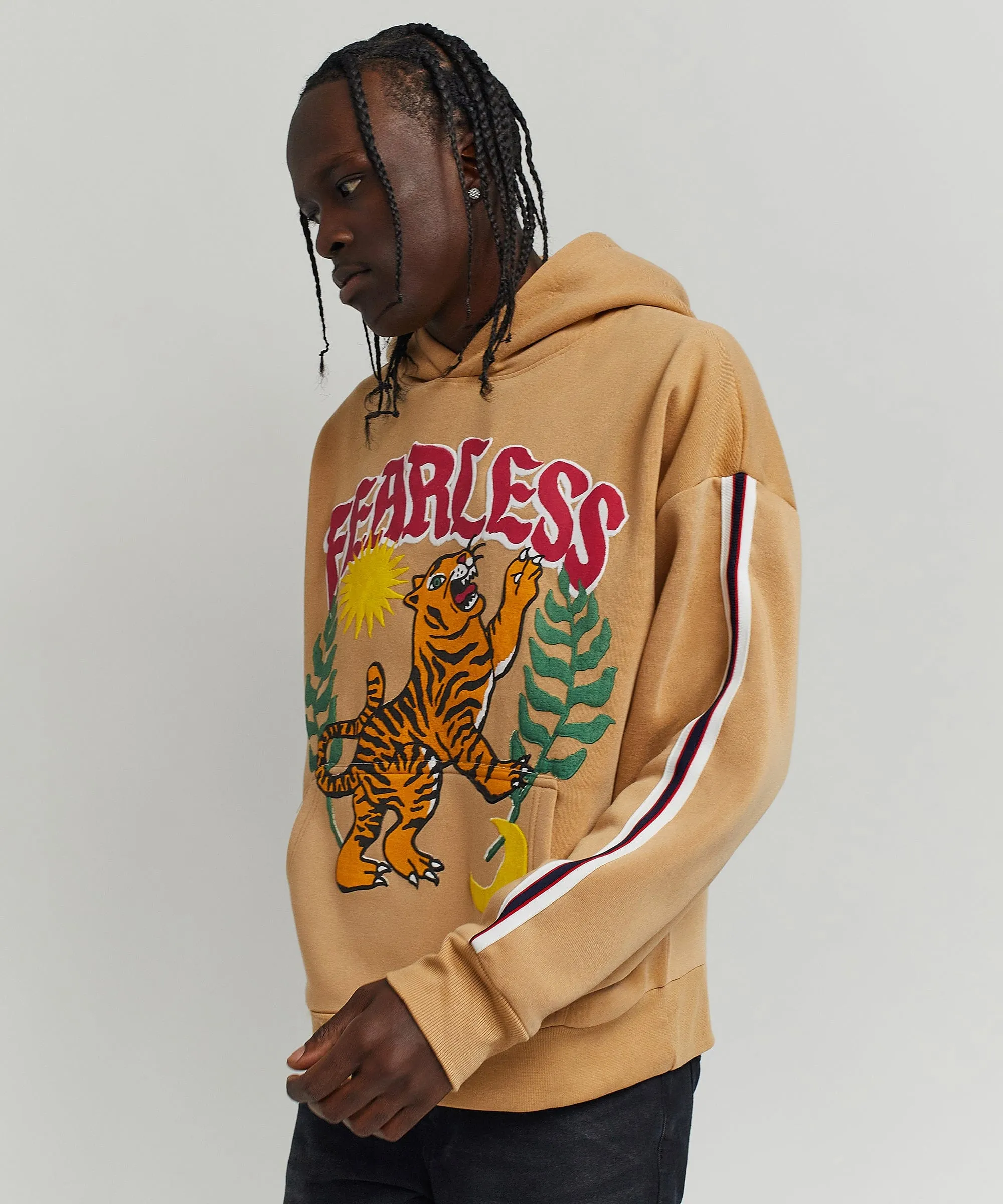 Oversized Fearless Tape Trip Hoodie - Khaki